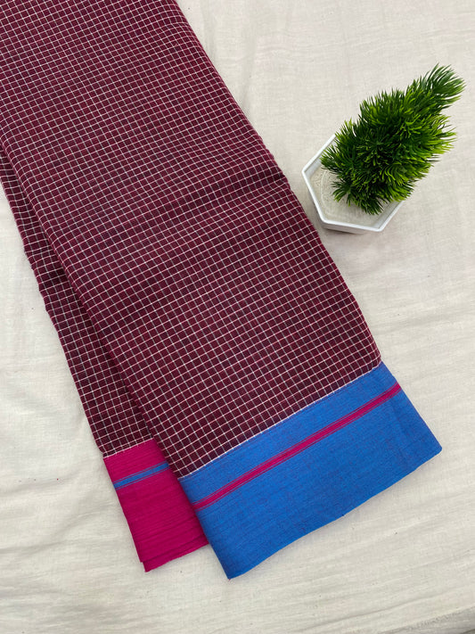 Pink-Blue Border Maroon Patteda Anchu Saree