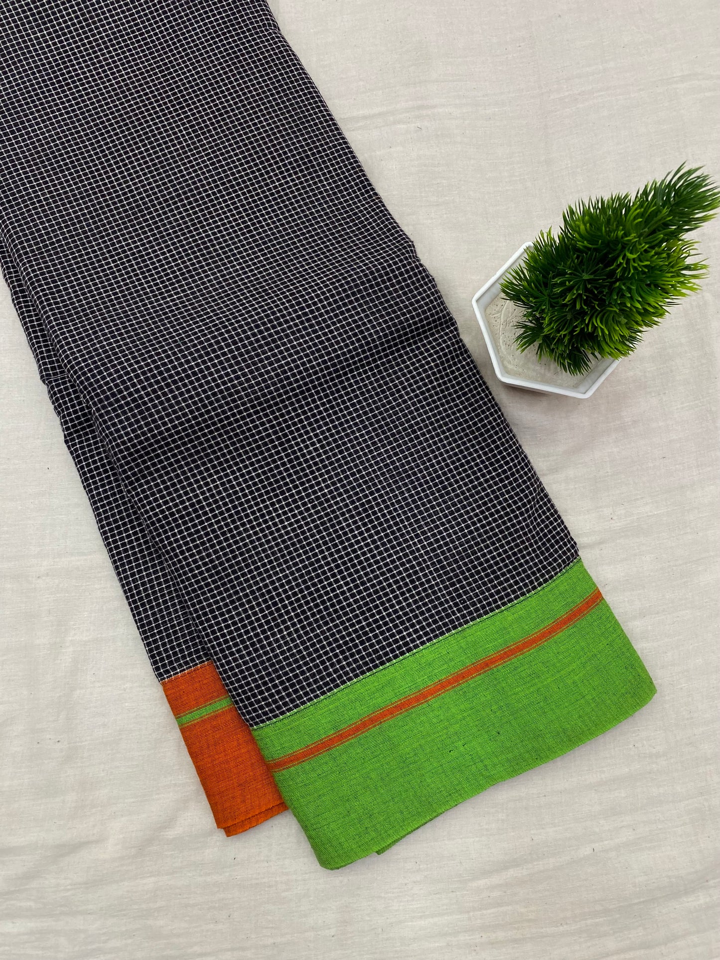 Orange-Green Border Black Patteda Anchu Saree