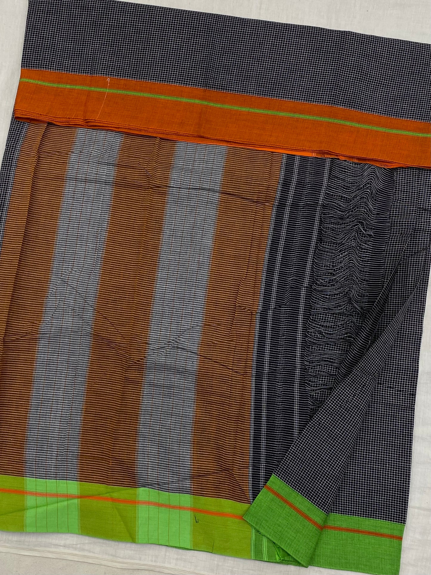 Orange-Green Border Black Patteda Anchu Saree