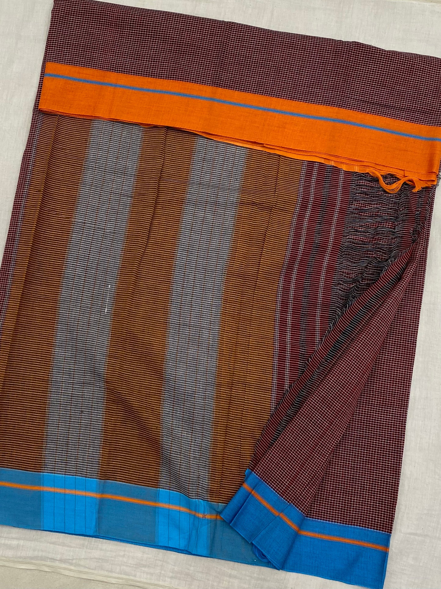 Orange-Blue Border Rust Patteda Anchu Saree