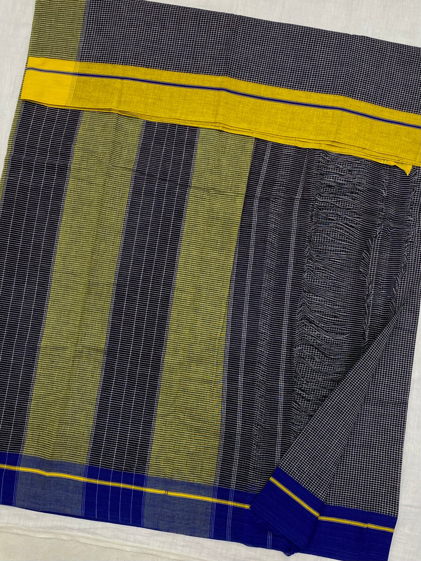 Yellow-Blue Border Black Patteda Anchu Saree