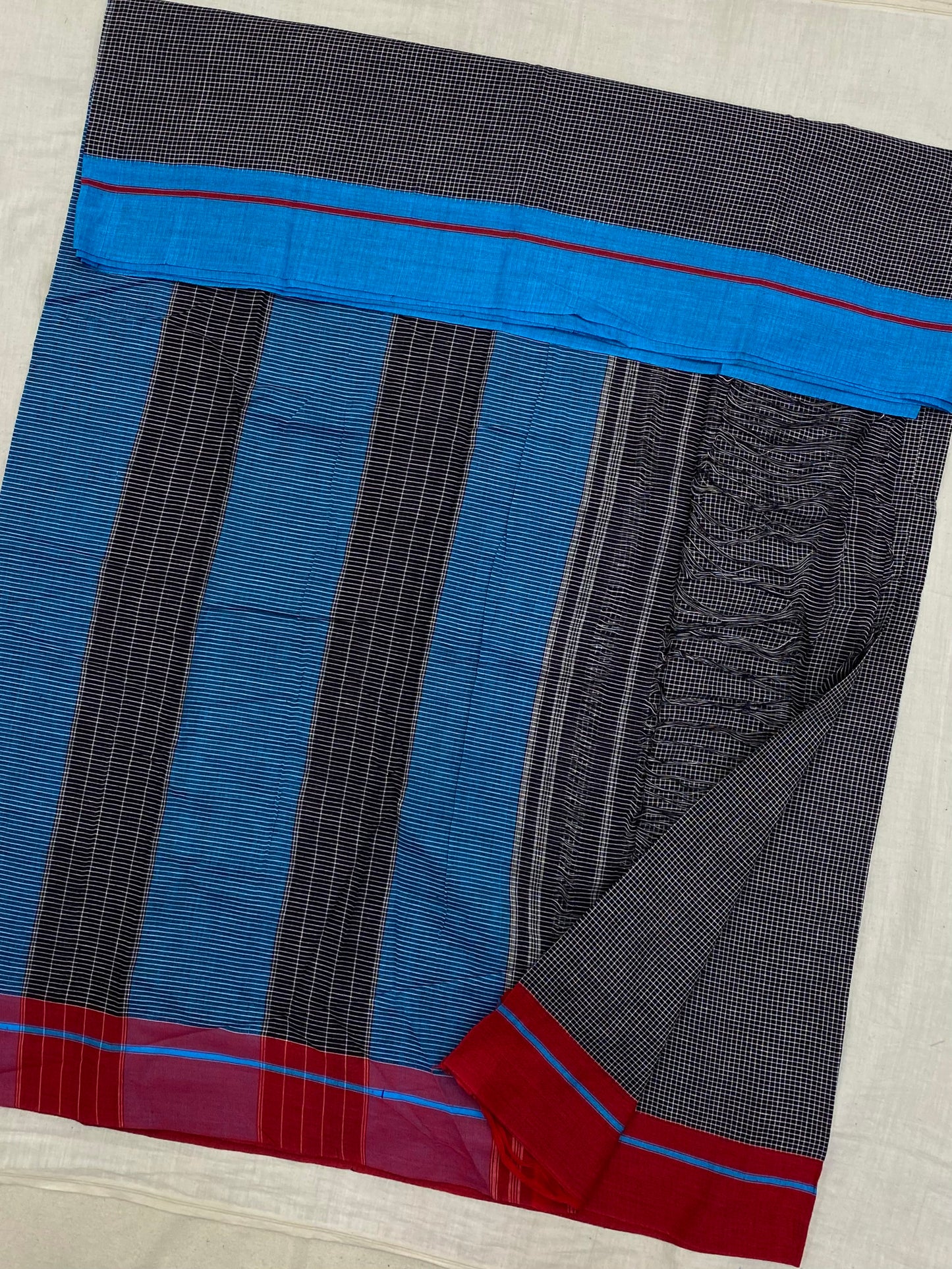 Red-Blue Border Black Patteda Anchu Saree