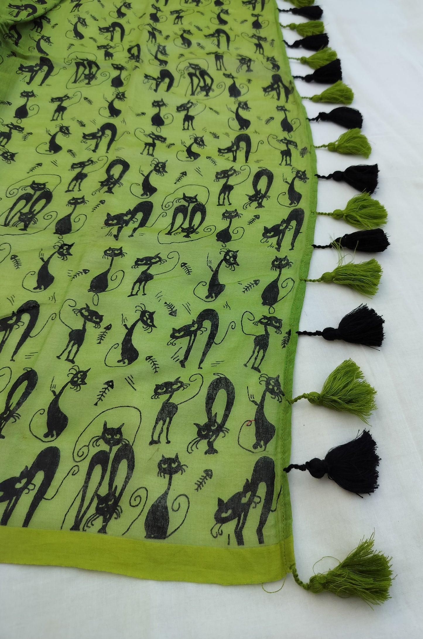 Green Black Cat Print Mulmul Saree