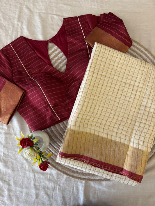 Chandrika Maroon Linen Saree Blouse Set
