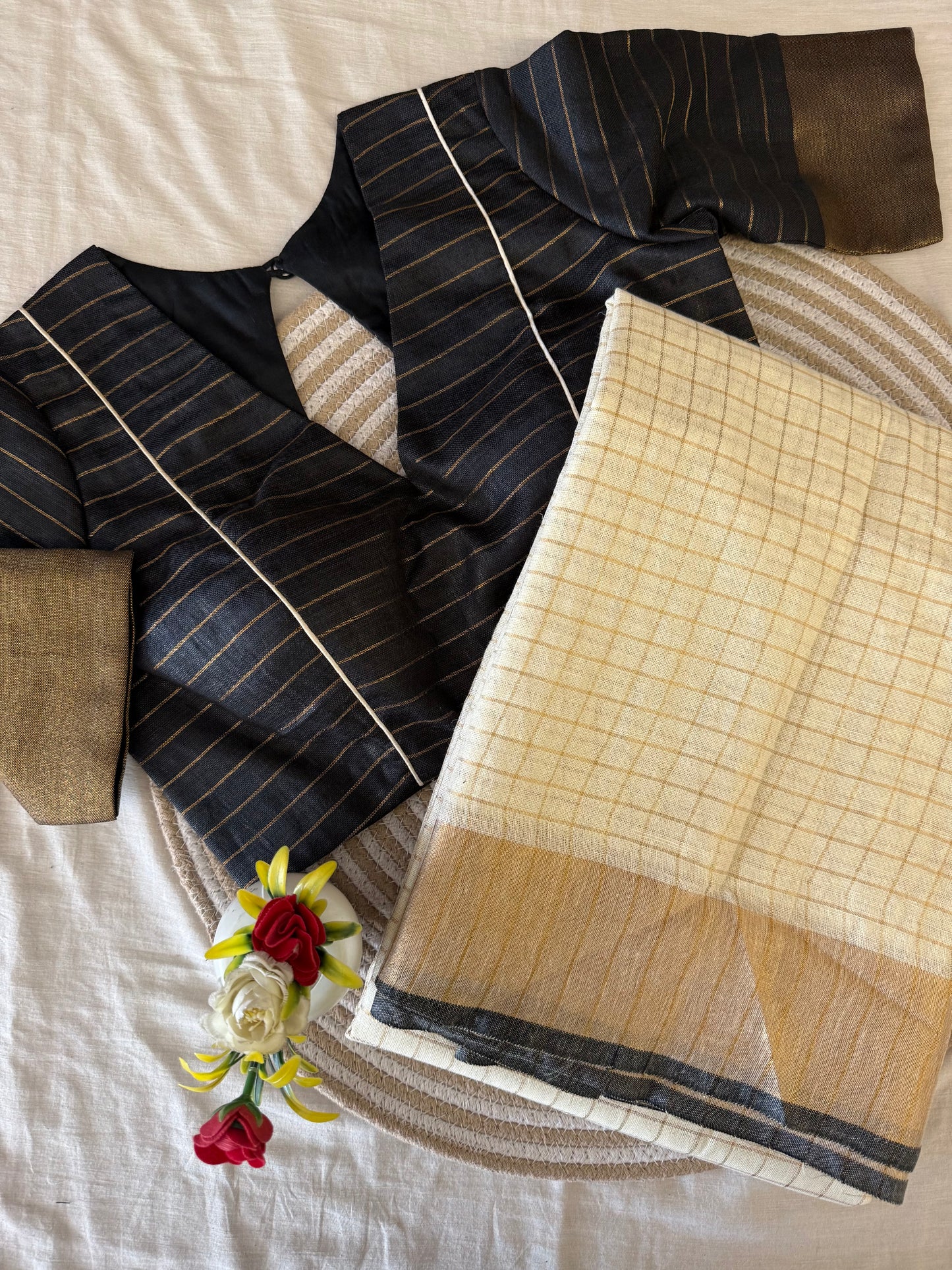 Chandrika Black Linen Saree Blouse Set