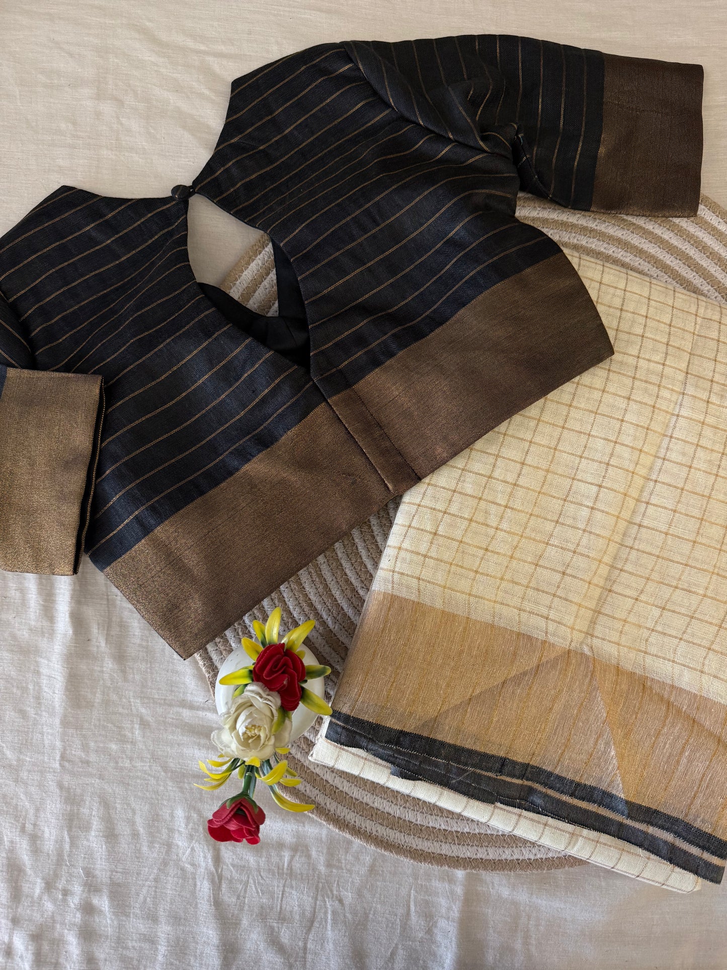 Chandrika Black Linen Saree Blouse Set