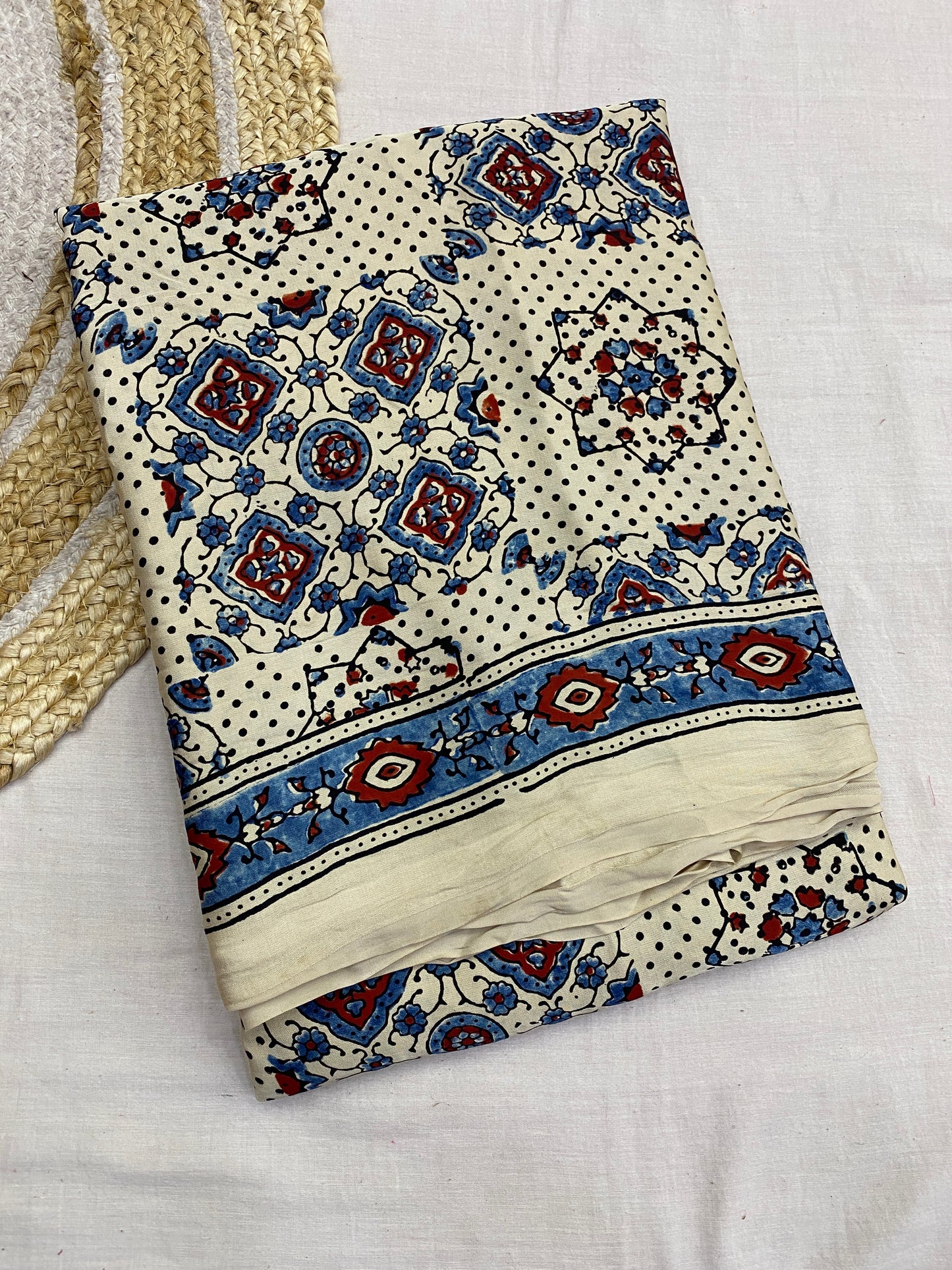 Creamy Dots Flower Ajrakh Print Modal Silk Saree