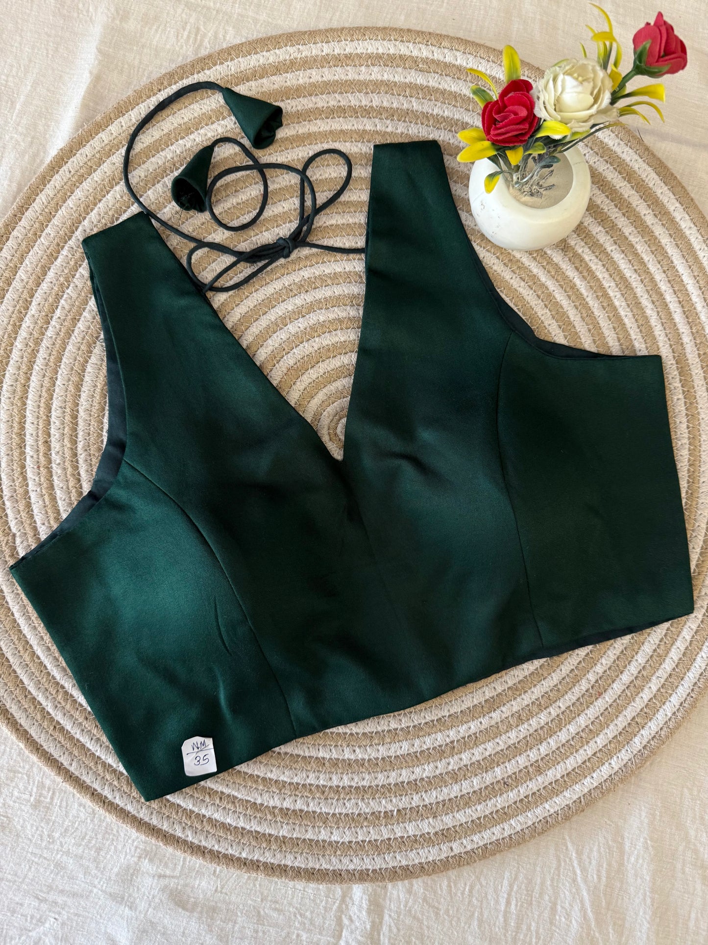 Bottle Green V Neck Silky Cotton Sleeveless Blouse