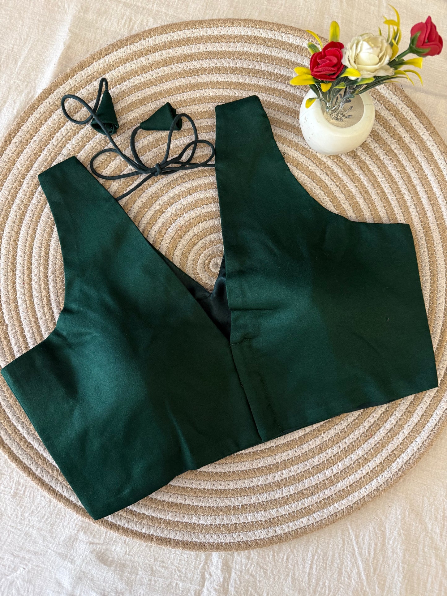 Bottle Green V Neck Silky Cotton Sleeveless Blouse