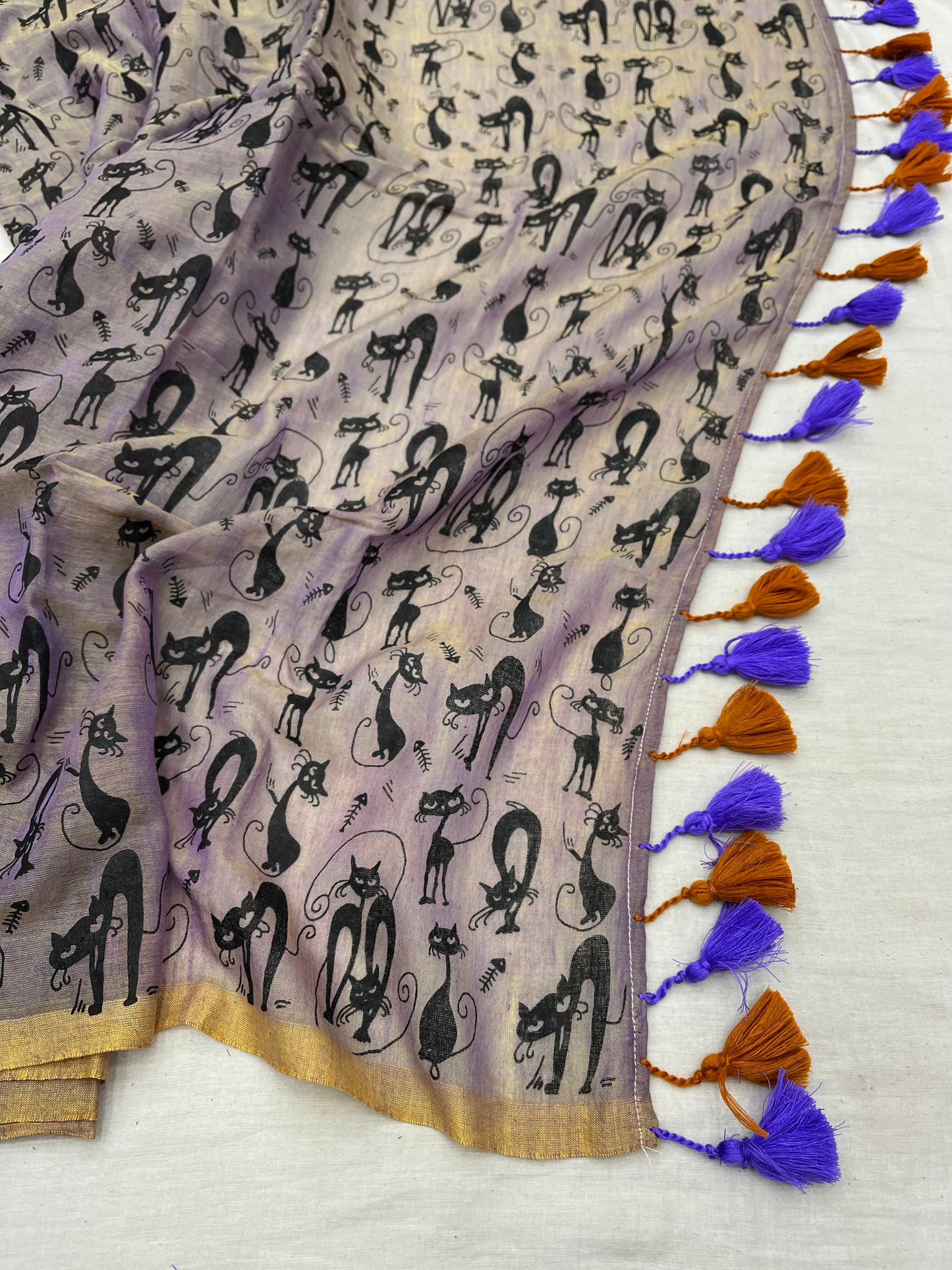 Lavender Mustard Cat Print Mulmul Saree