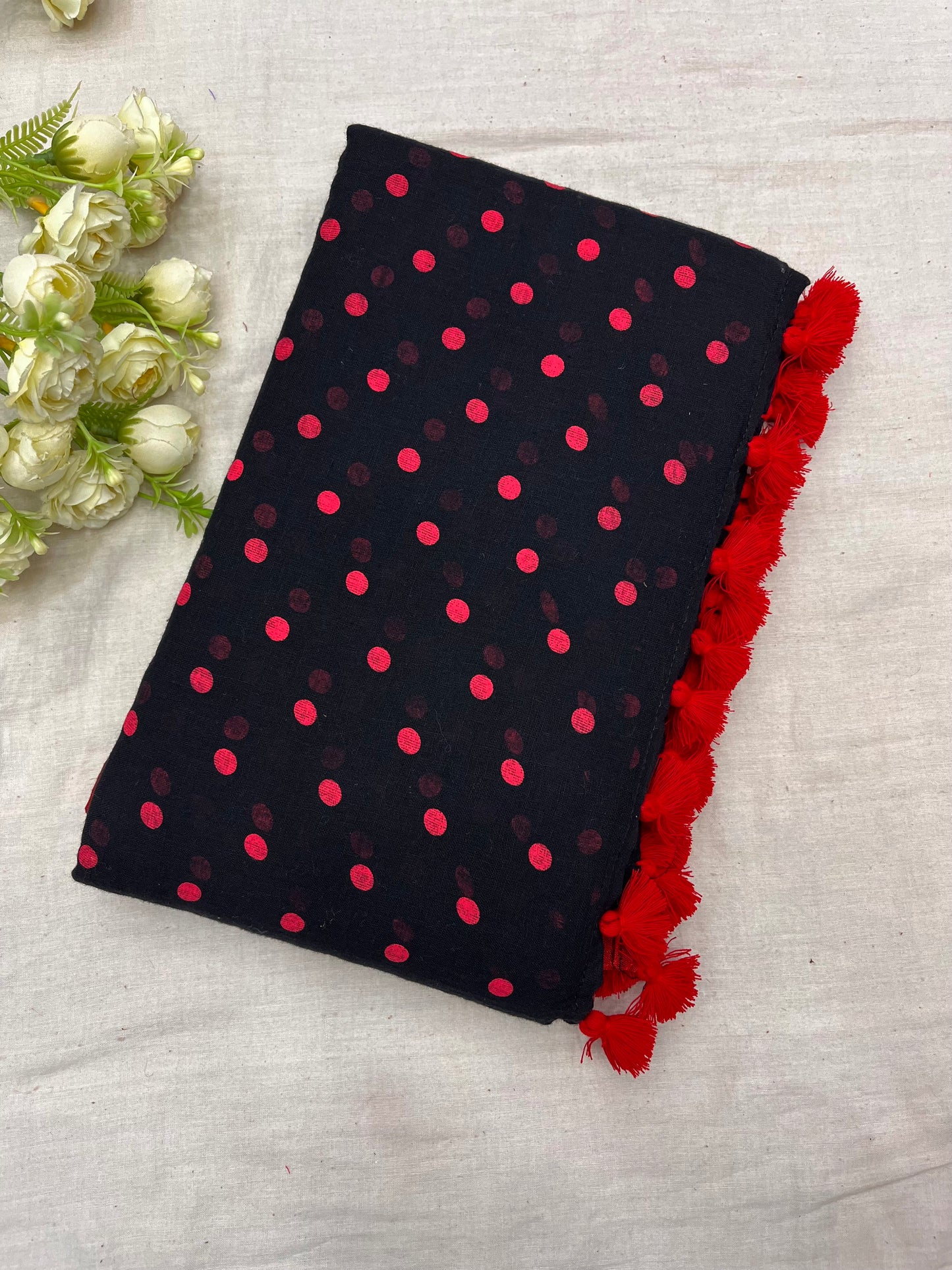 Black Red Border Pink Dotted Mulmul Saree