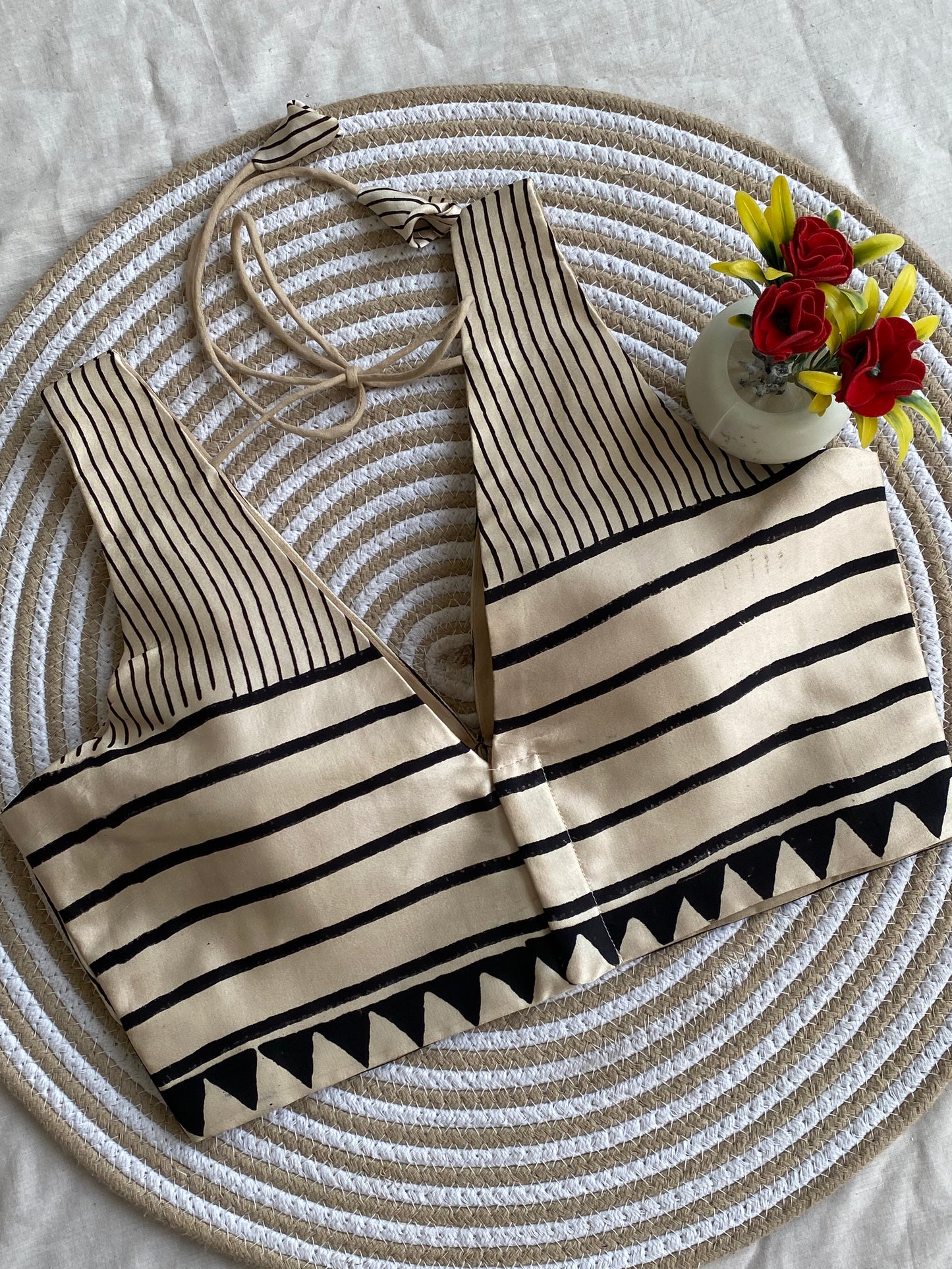 Creamy Stripe Ajrakh Modal Silk Blouse.