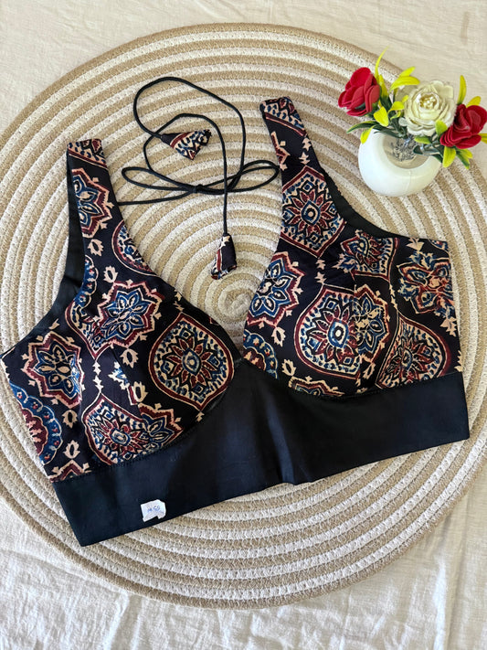 Black Blue Abstract Ajrakh Sleeveless Blouse