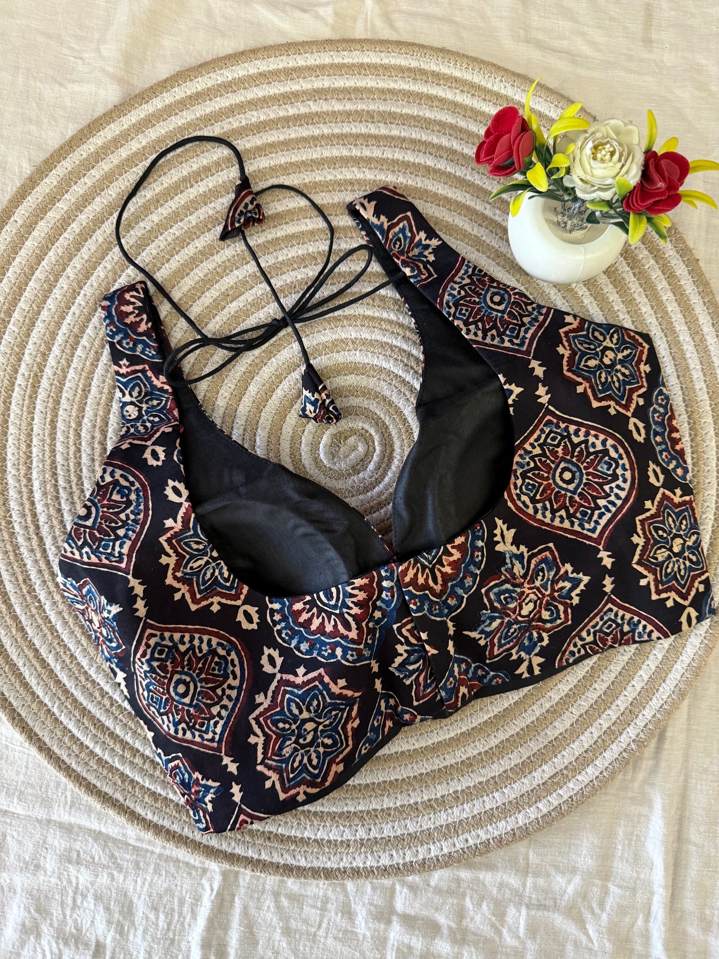 Black Blue Abstract Ajrakh Sleeveless Blouse