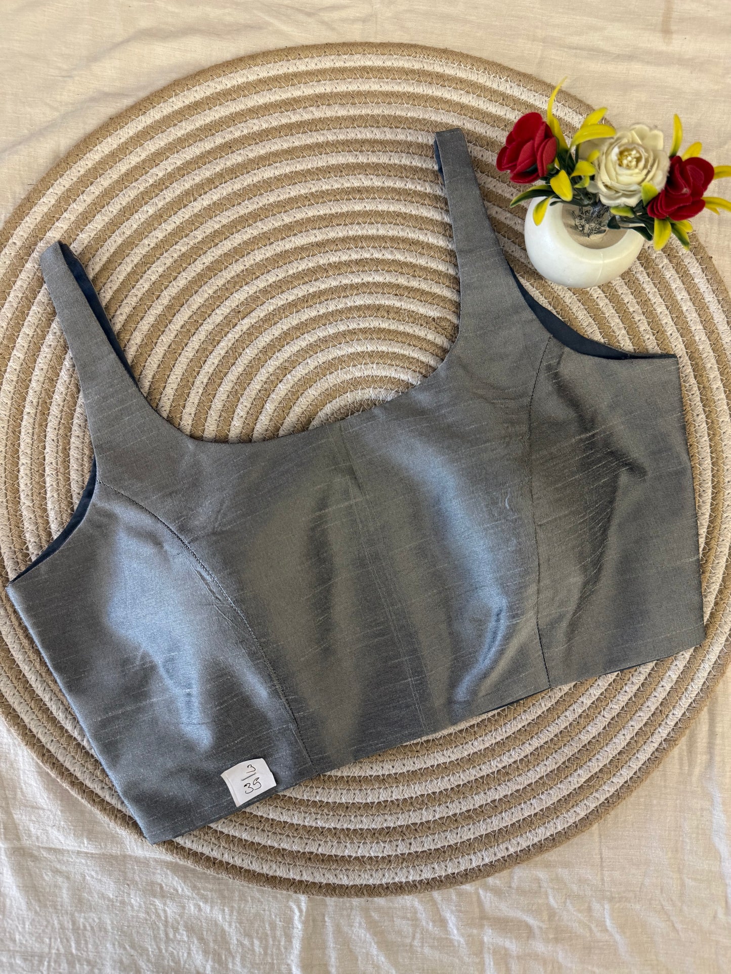 Grey Scoop Neck Raw Silk Blouse