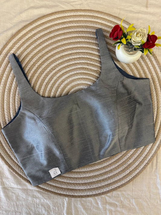 Grey Scoop Neck Raw Silk Blouse