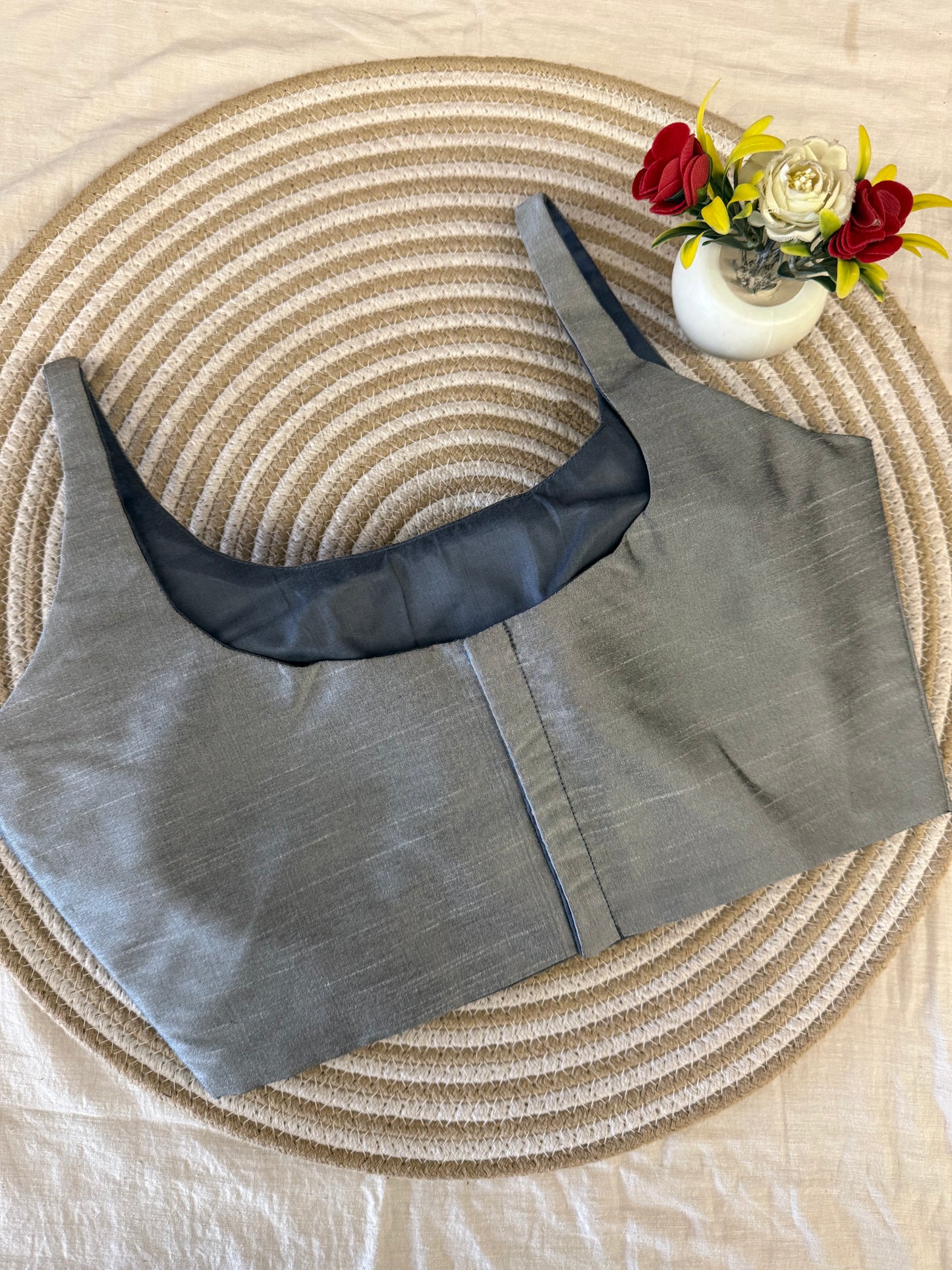 Grey Scoop Neck Raw Silk Blouse