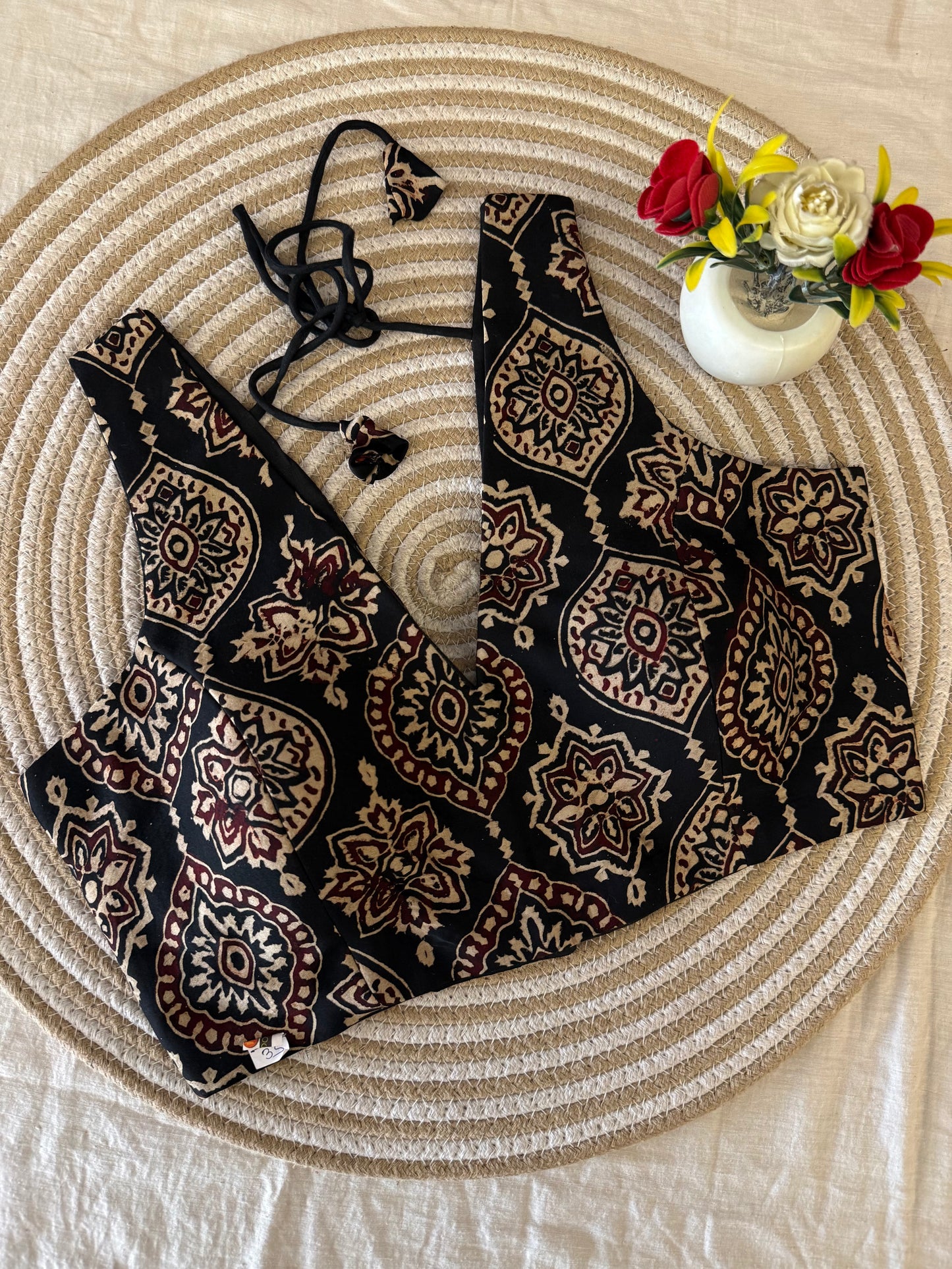 Black Maroon Ajrakh V Neck Sleeveless Blouse