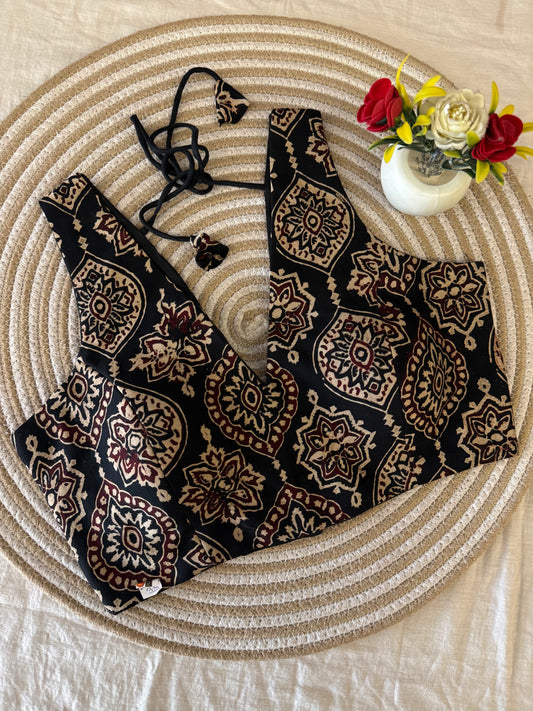 Black Maroon Ajrakh V Neck Sleeveless Blouse