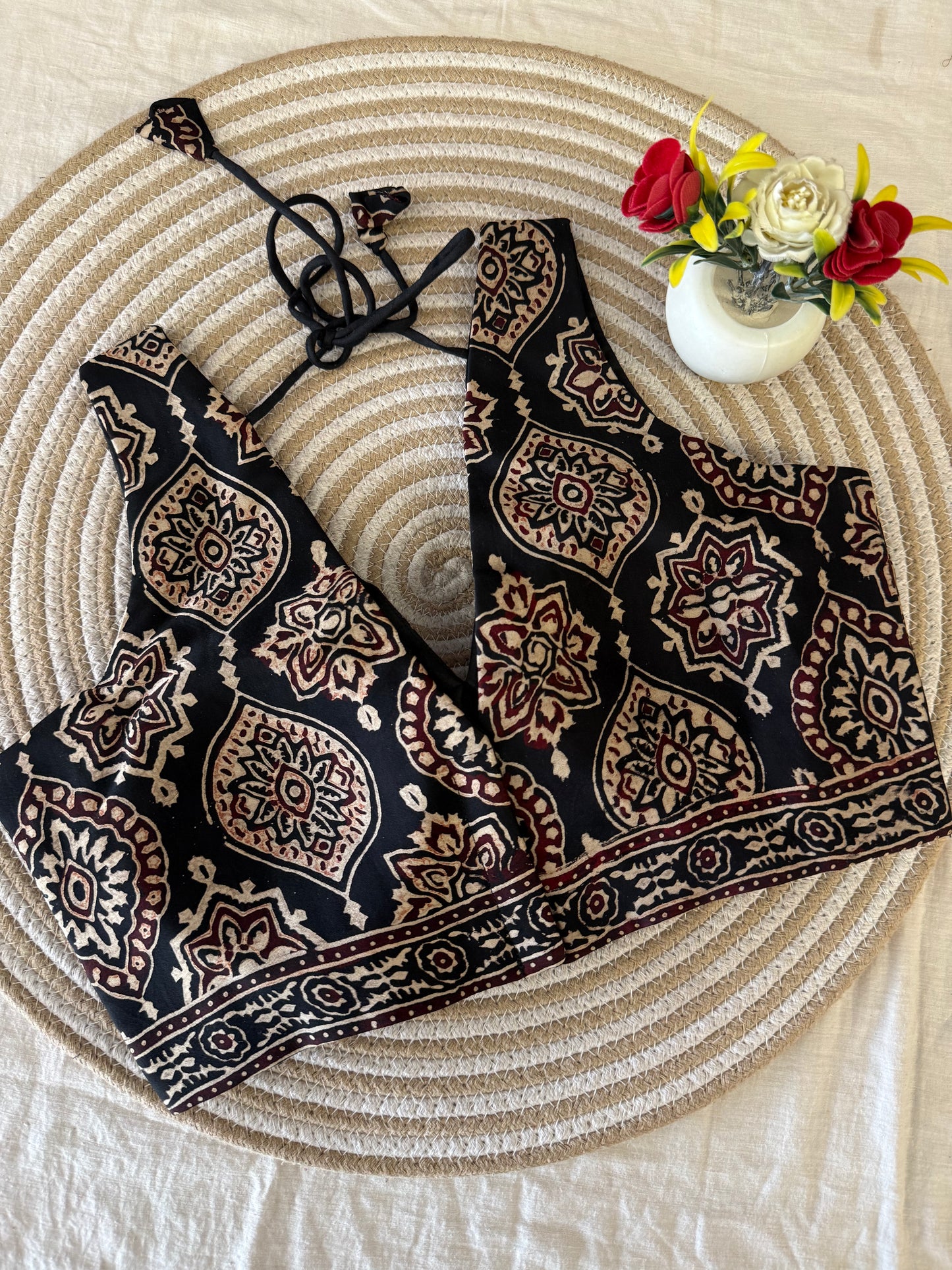 Black Maroon Ajrakh V Neck Sleeveless Blouse