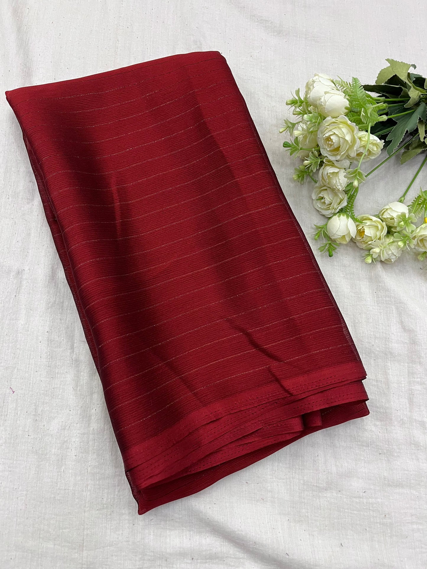 Maroon Chinon Stripe Plain Saree