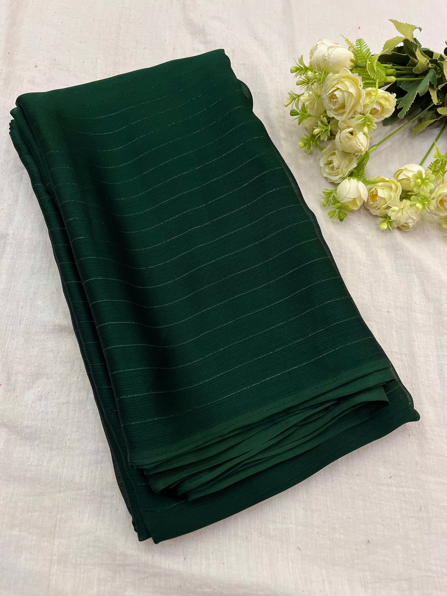 Green Chinon Stripe Plain Saree