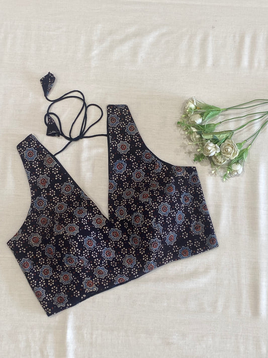 Black Blue Ajrakh V Neck Blouse
