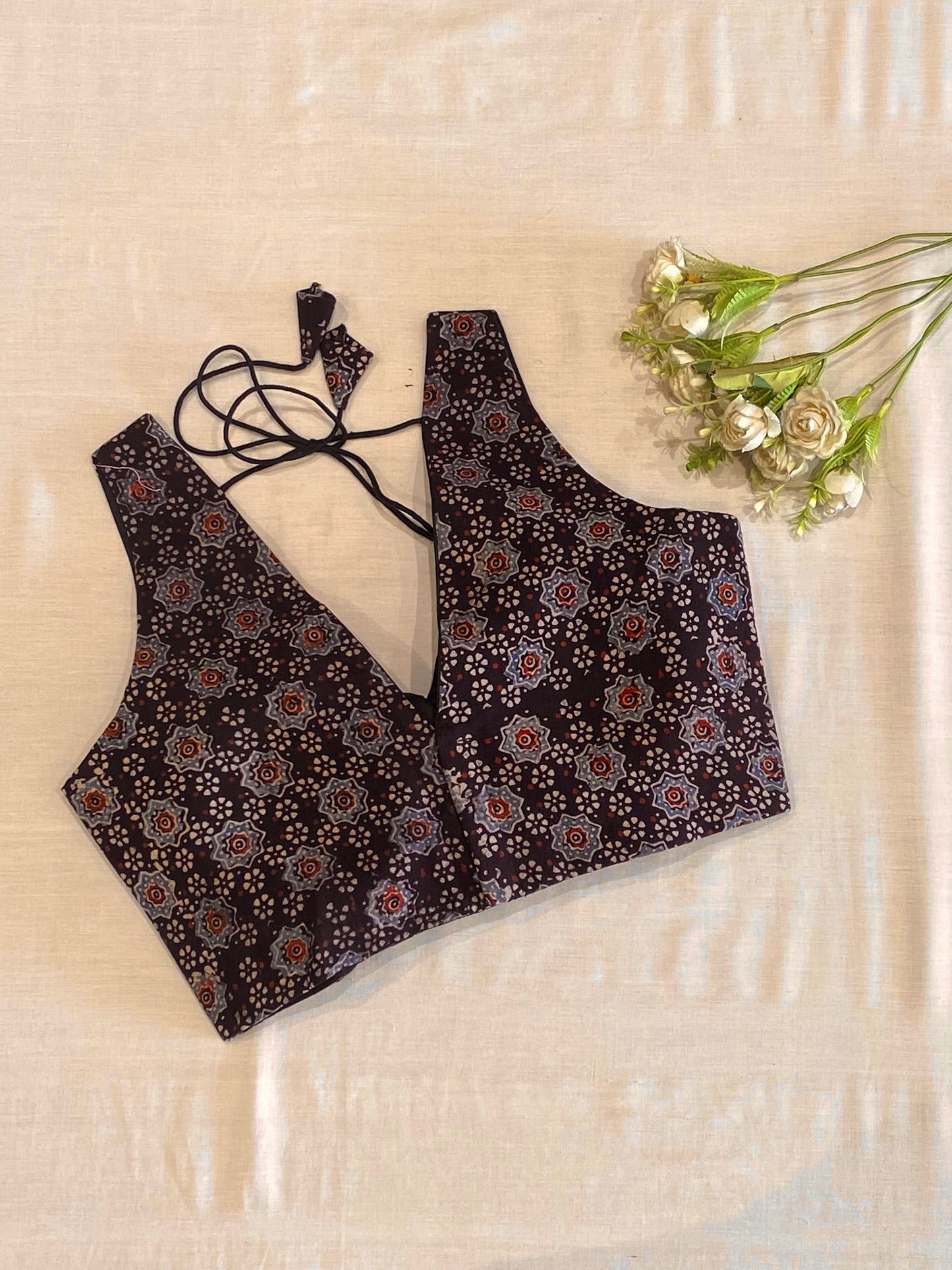 Black Blue Ajrakh V Neck Blouse