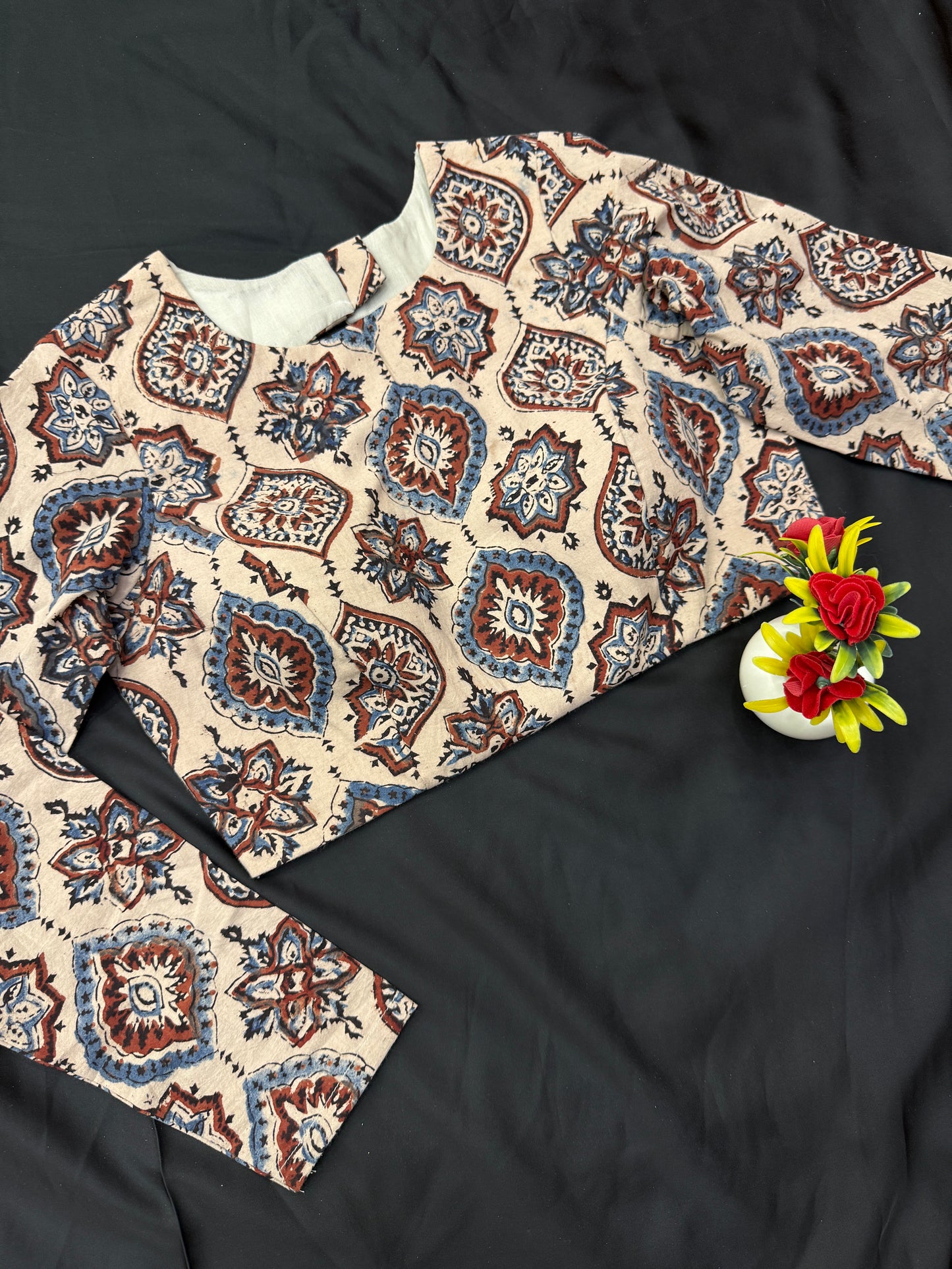 Creamy Badam Ajrakh Print Cotton Full Sleeves Blouse