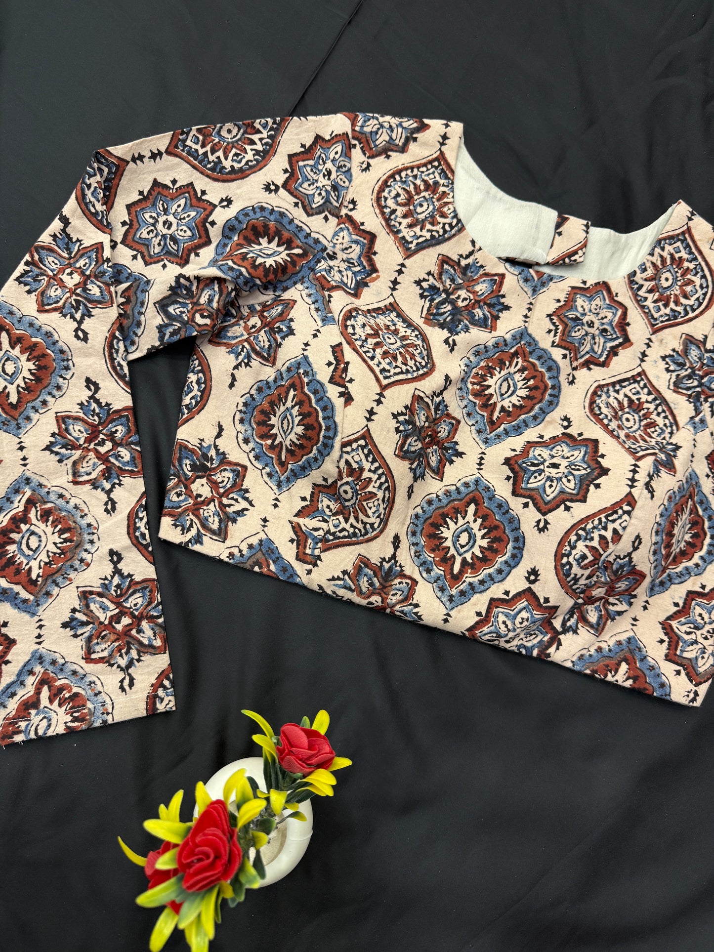 Creamy Badam Ajrakh Print Cotton Full Sleeves Blouse