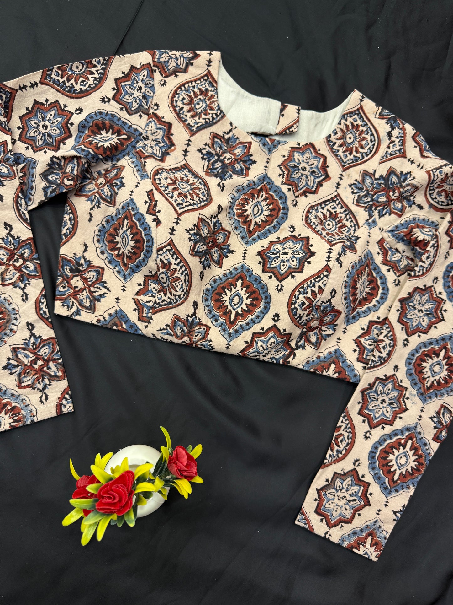 Creamy Badam Ajrakh Print Cotton Full Sleeves Blouse