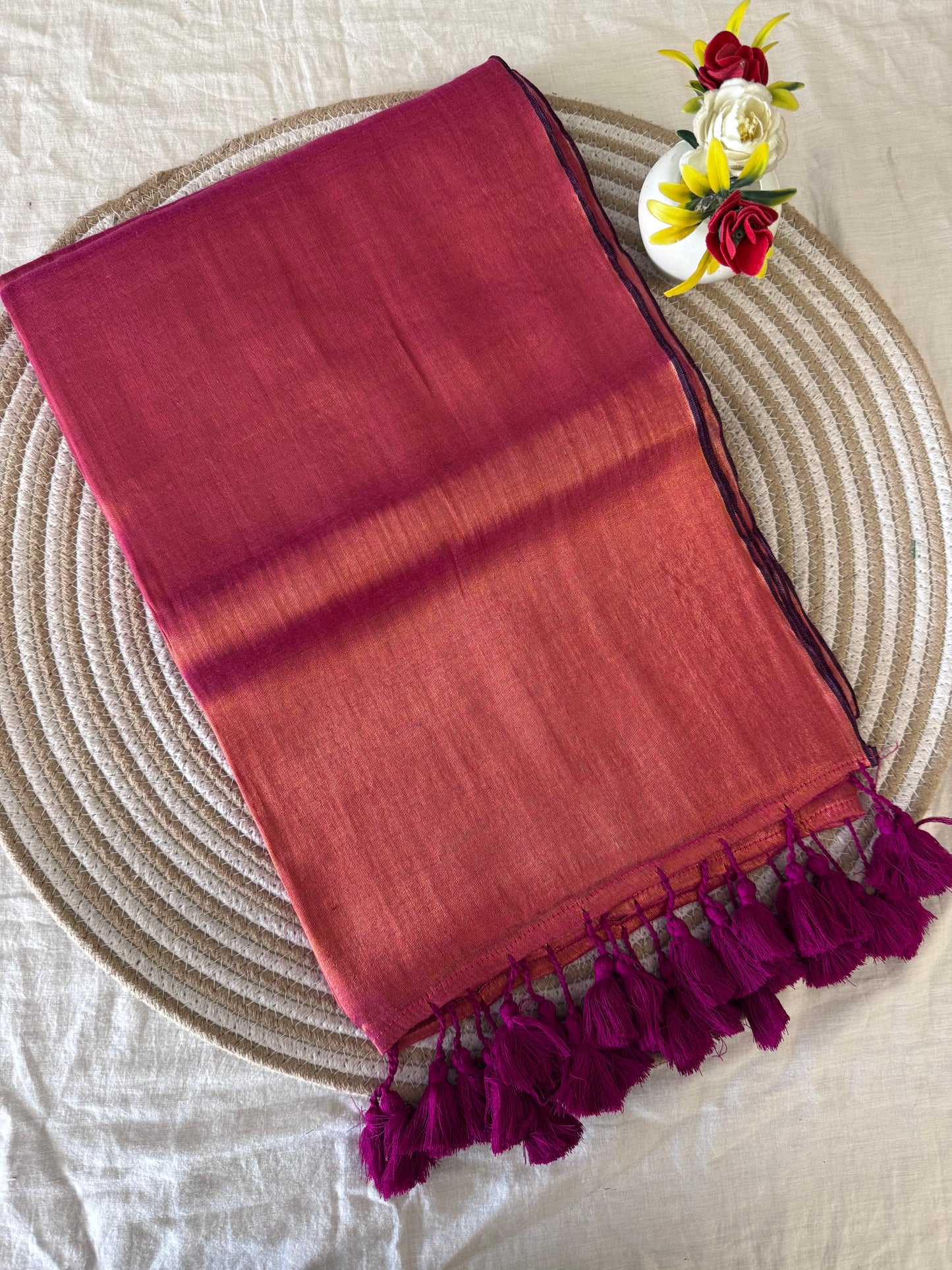 Purple Copper Tissue Mulmul Saree