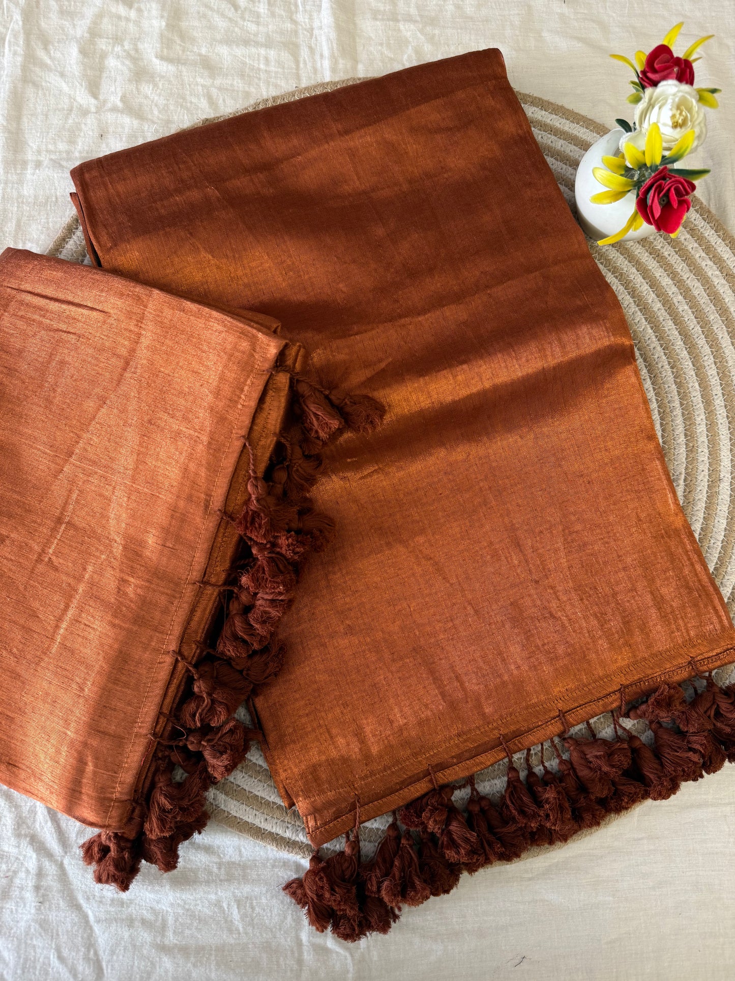 Burnt Copper Tissue Mulmul Saree