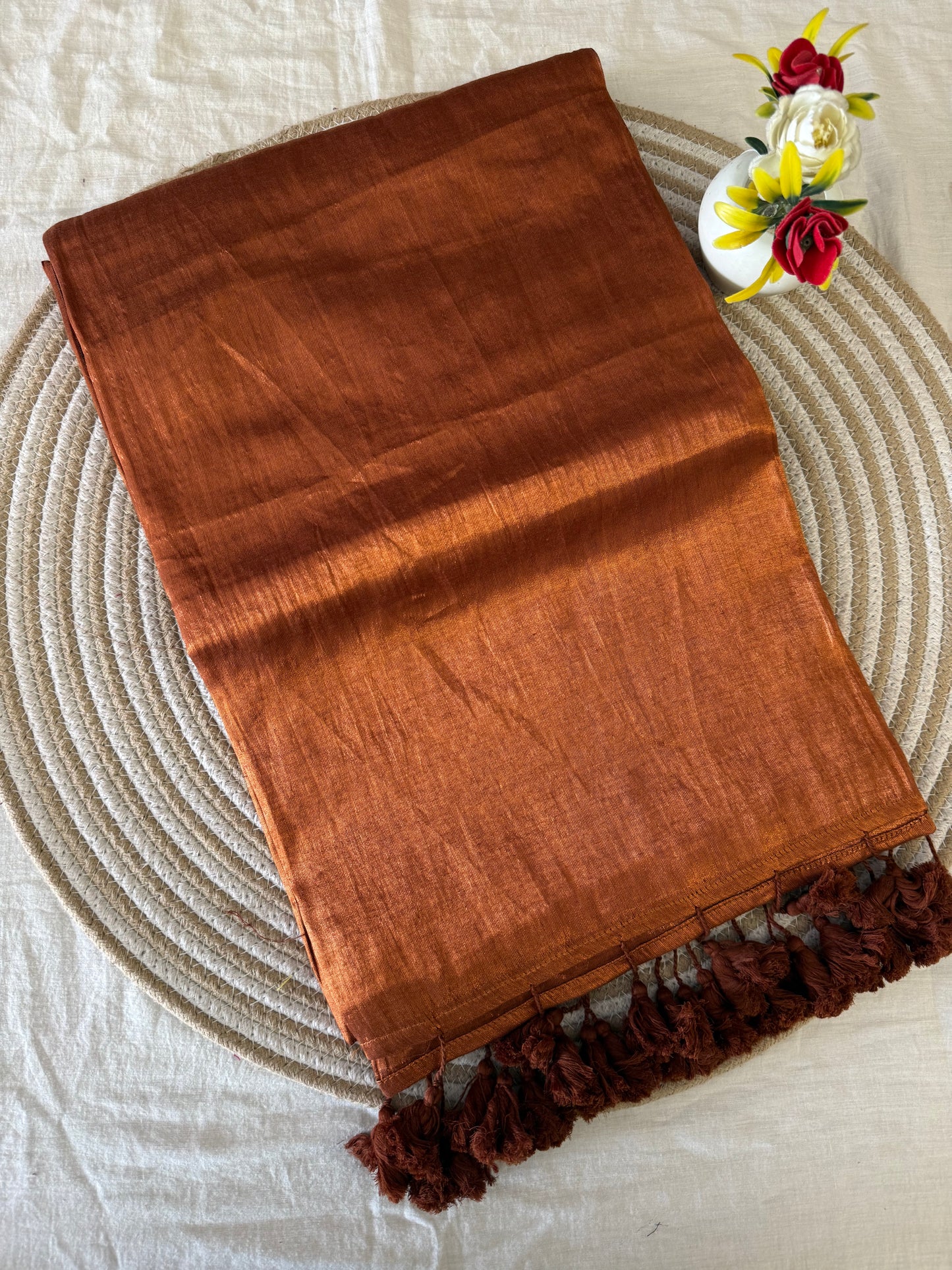 Burnt Copper Tissue Mulmul Saree