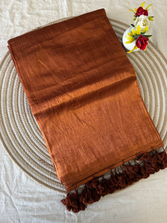 Burnt Copper Tissue Mulmul Saree