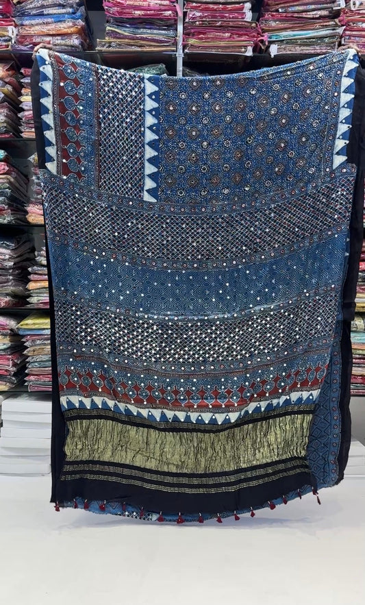 Blue Jaal Mirror Ajrakh Lagadi Pallu Saree (Pre Order - Dispatch Starts 25th June 2026)