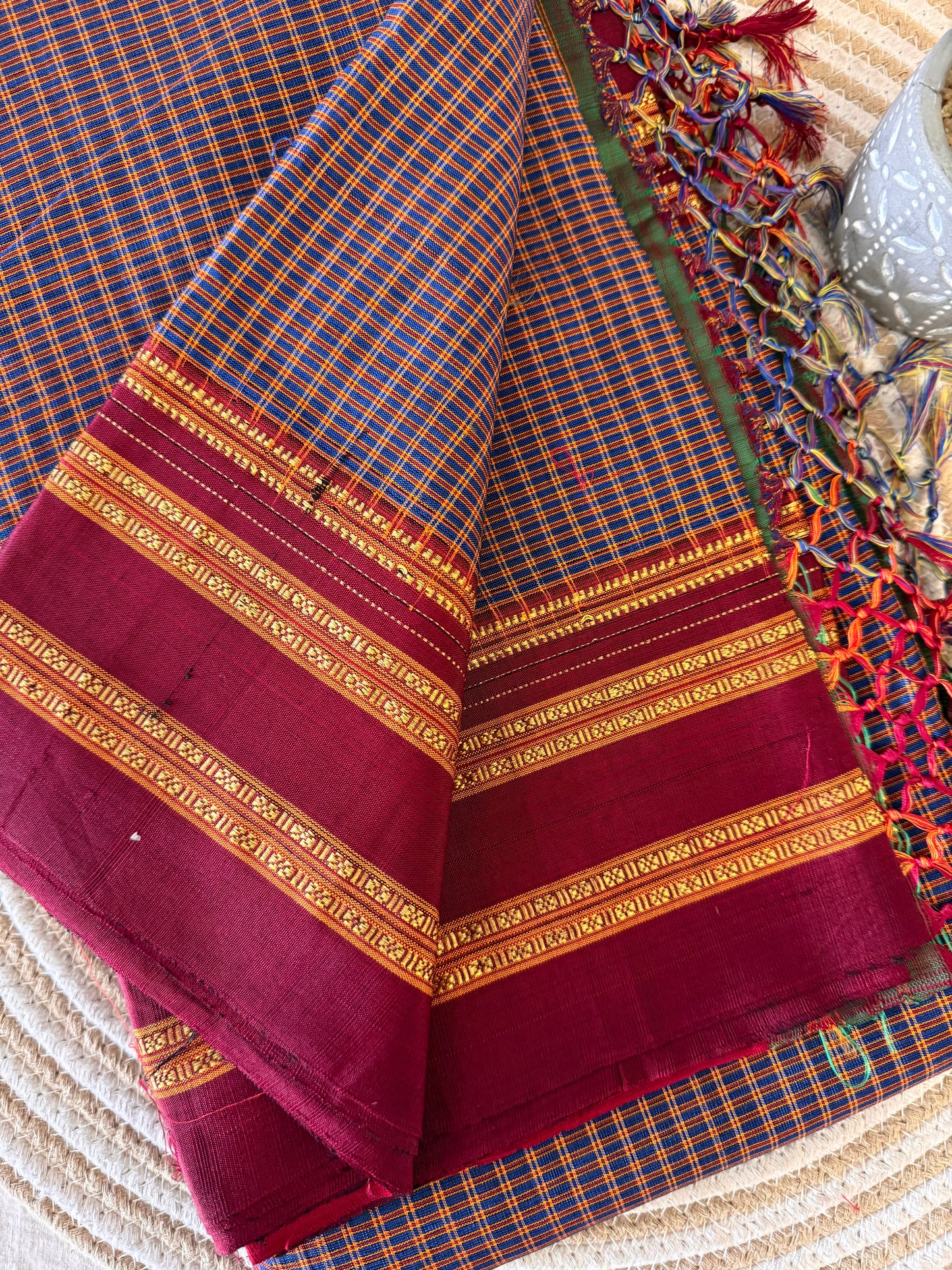 Maroon Blue Kondi Checks Ilkal Saree