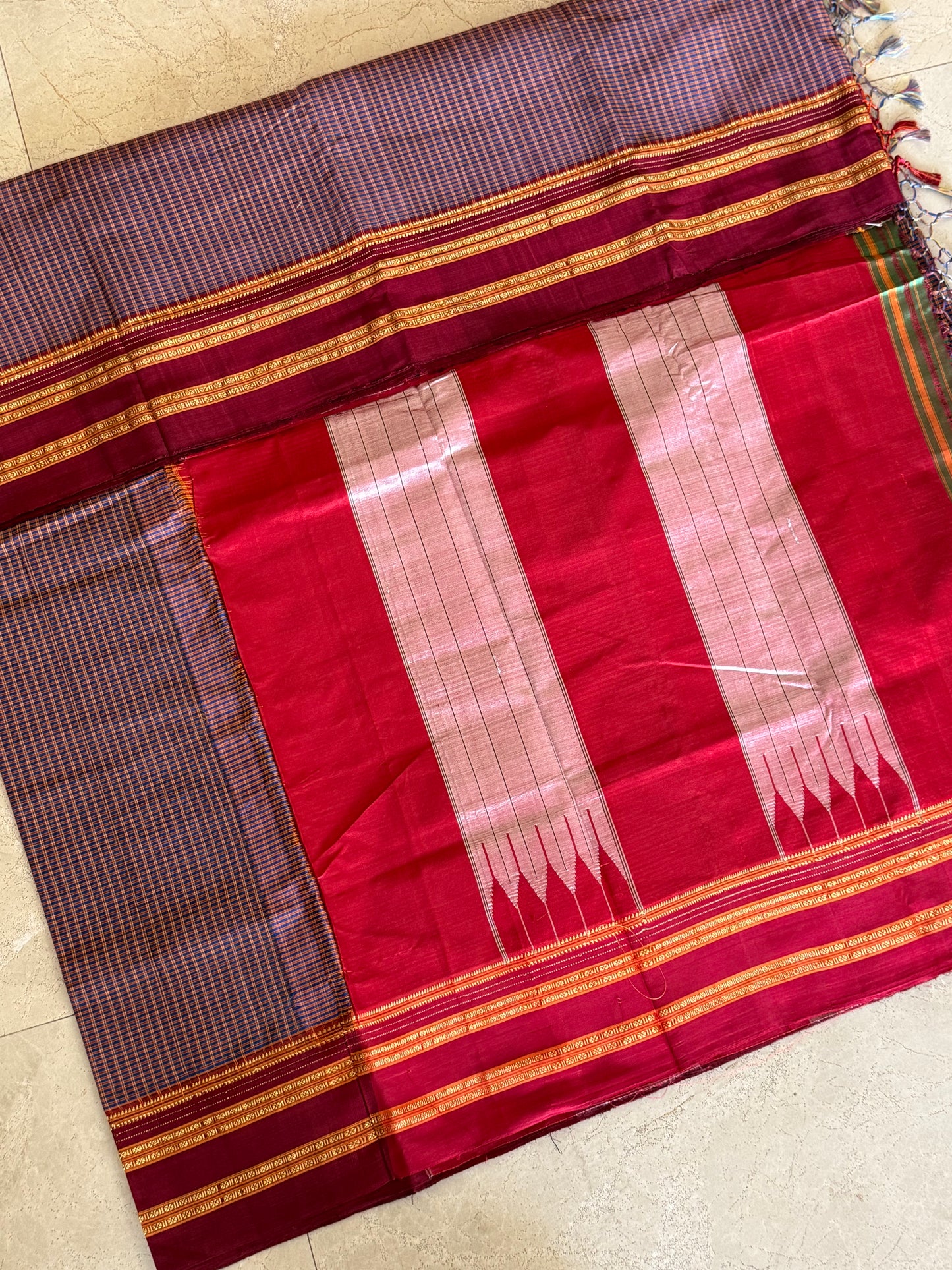 Maroon Blue Kondi Checks Ilkal Saree