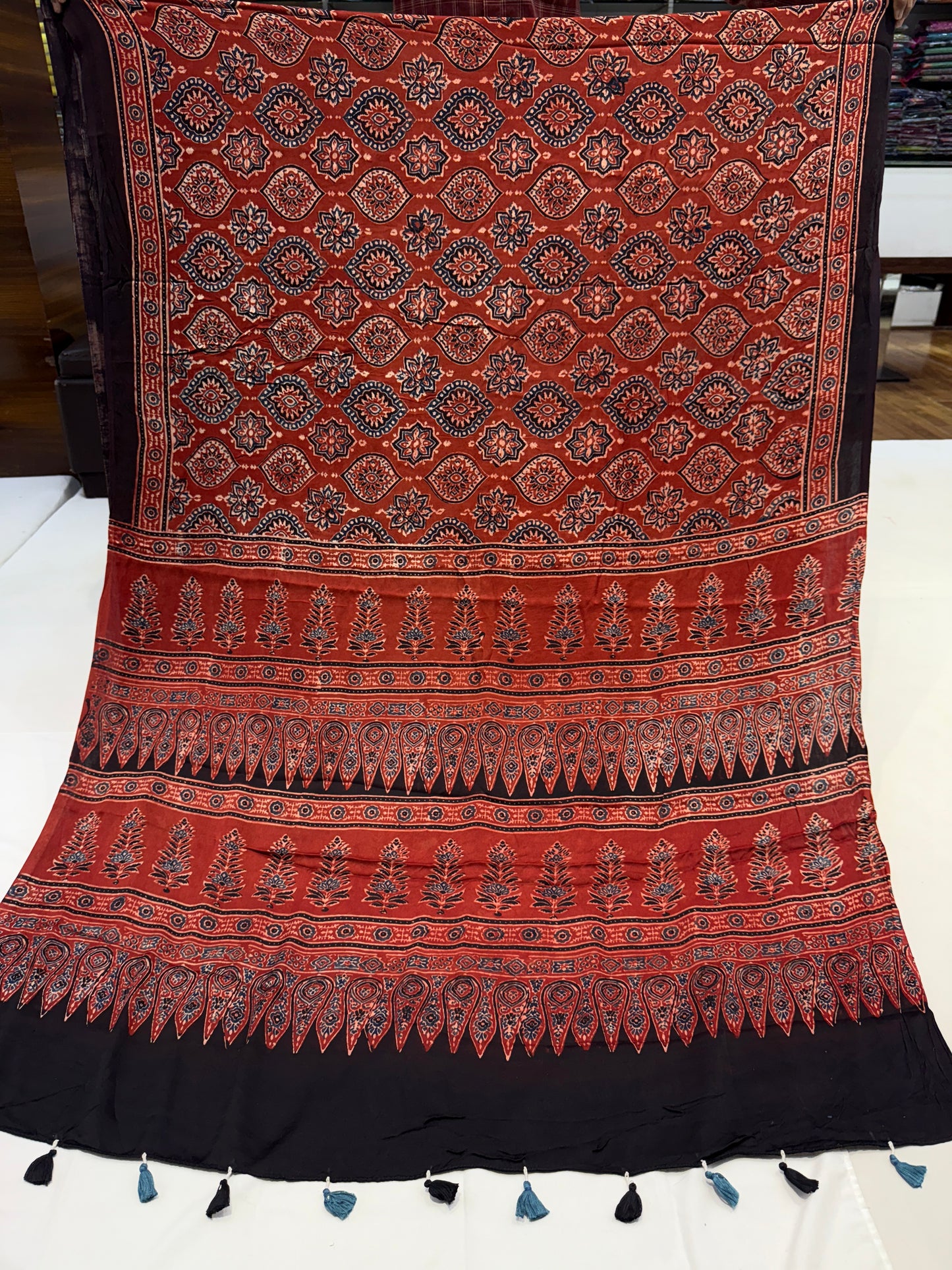 Red Black Border Badam Ajrakh Modal Silk Saree