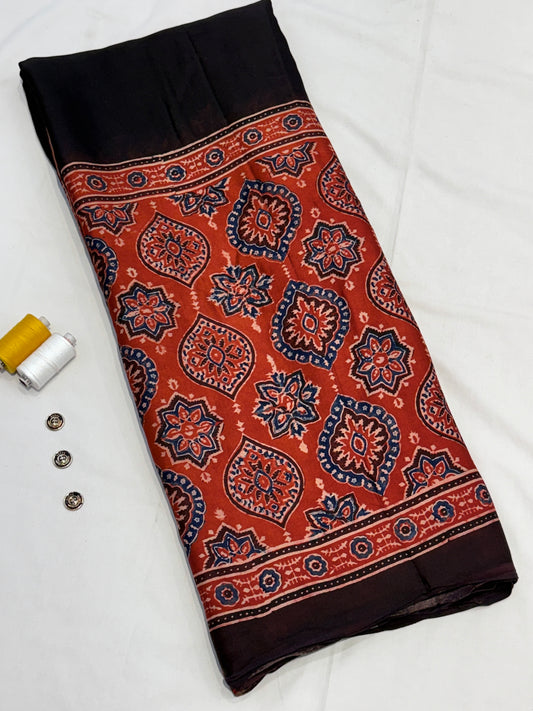 Raag Badam Red Black Ajrakh Print Modal Silk Saree