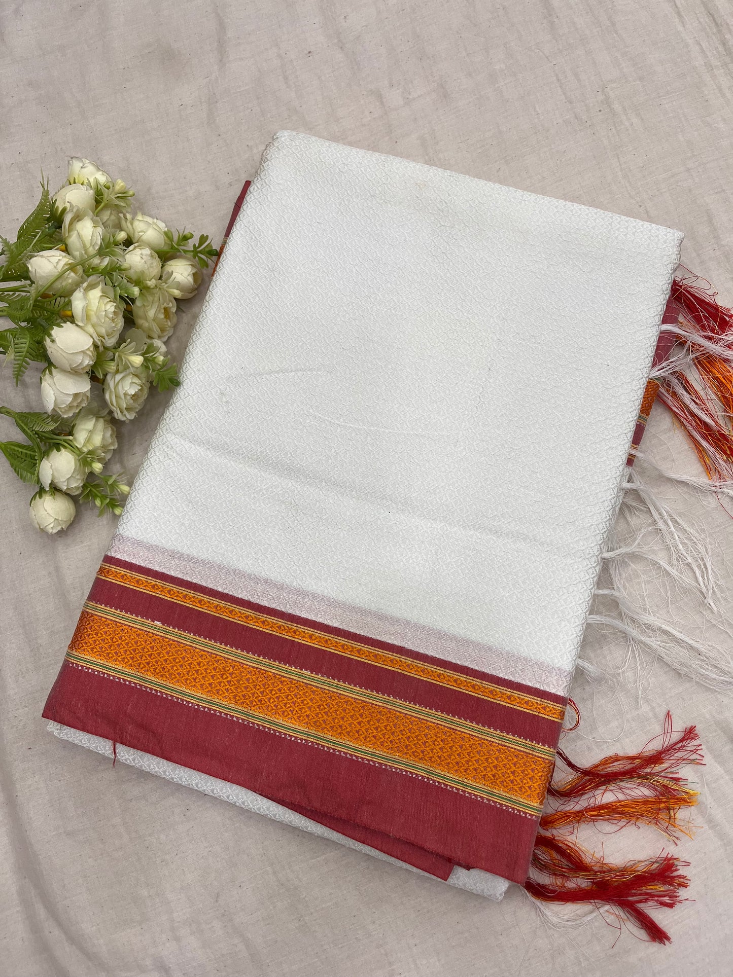 White Dusty Red Khun Saree