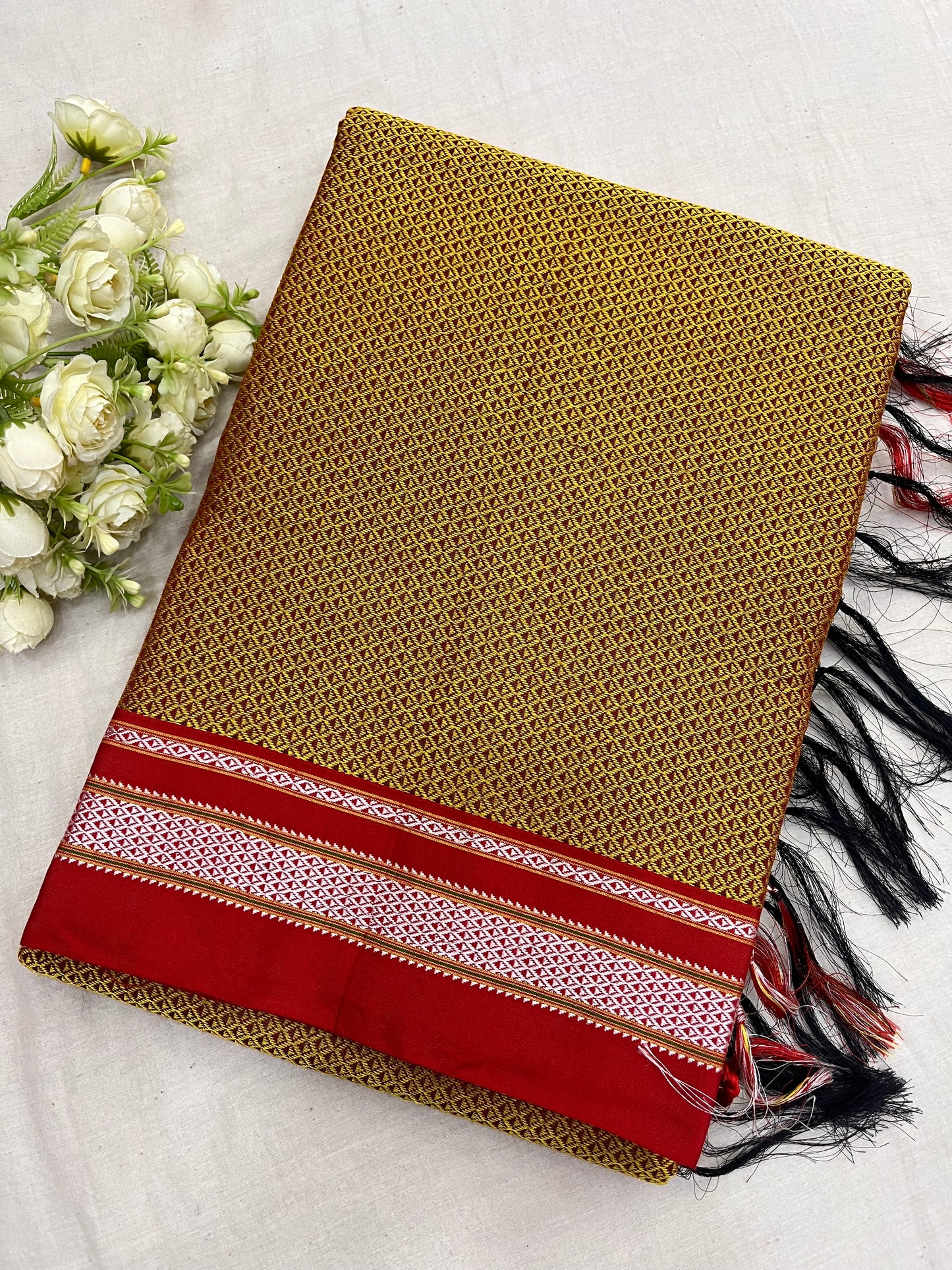 Mustard Red Khun Saree