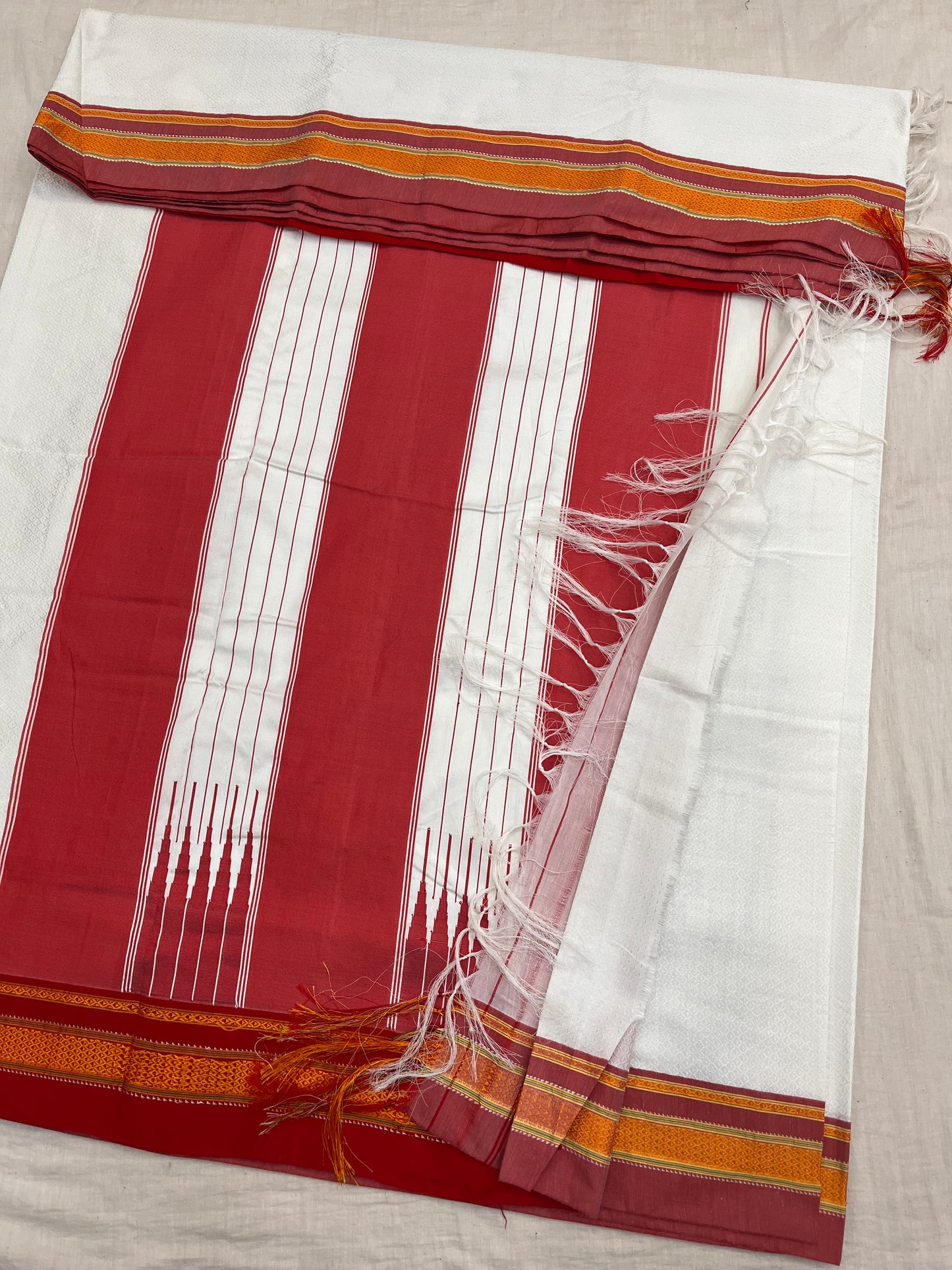 White Dusty Red Khun Saree