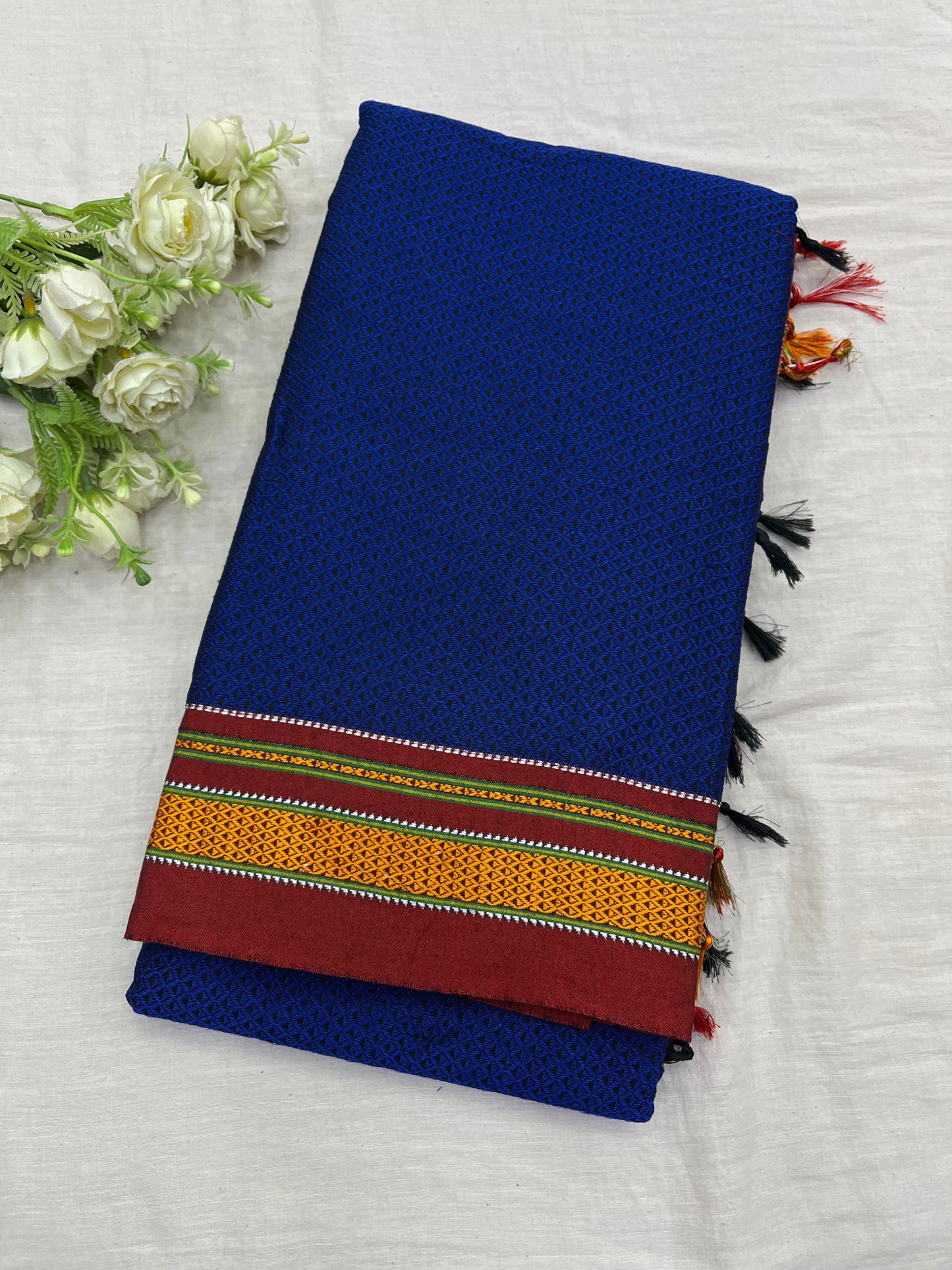 Blue Maroon Gold Border Khun Saree