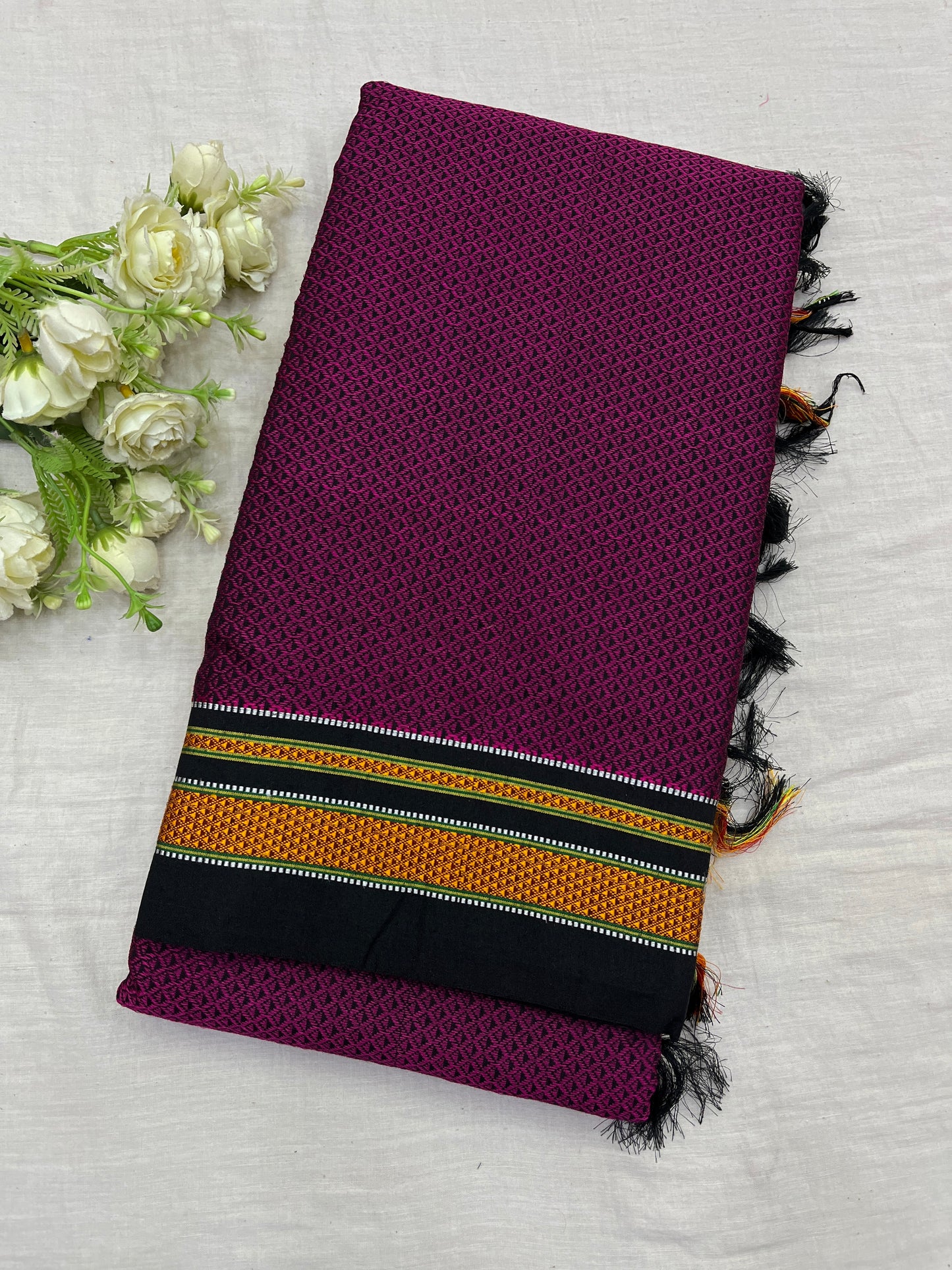 Magenta Black Gold Border Khun Saree