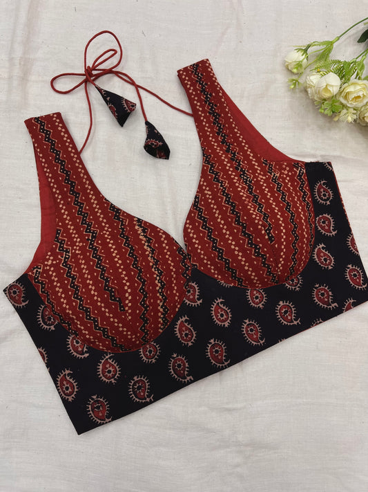 Brick & Black Leaf Neck Ajrakh Print Sleeveless Blouse