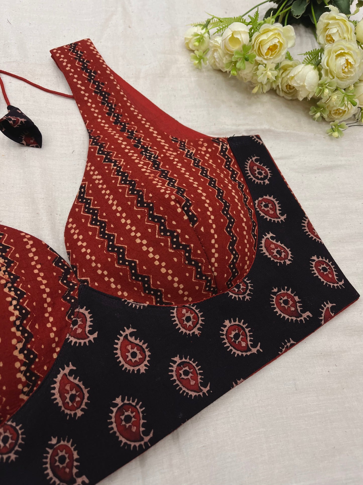 Brick & Black Leaf Neck Ajrakh Print Sleeveless Blouse