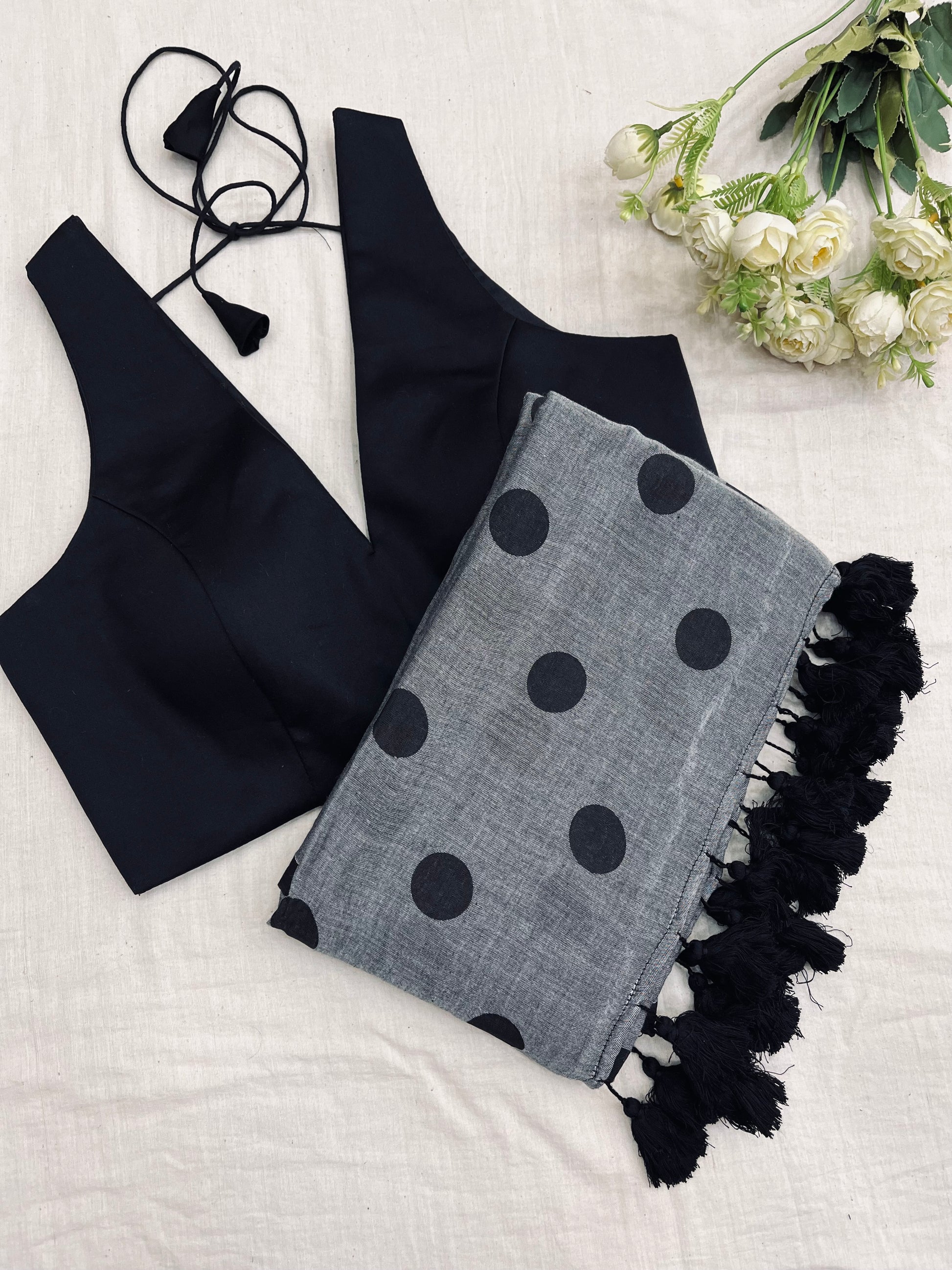 Grey Black Polka Dot Saree Blouse Combo Set - Main Image