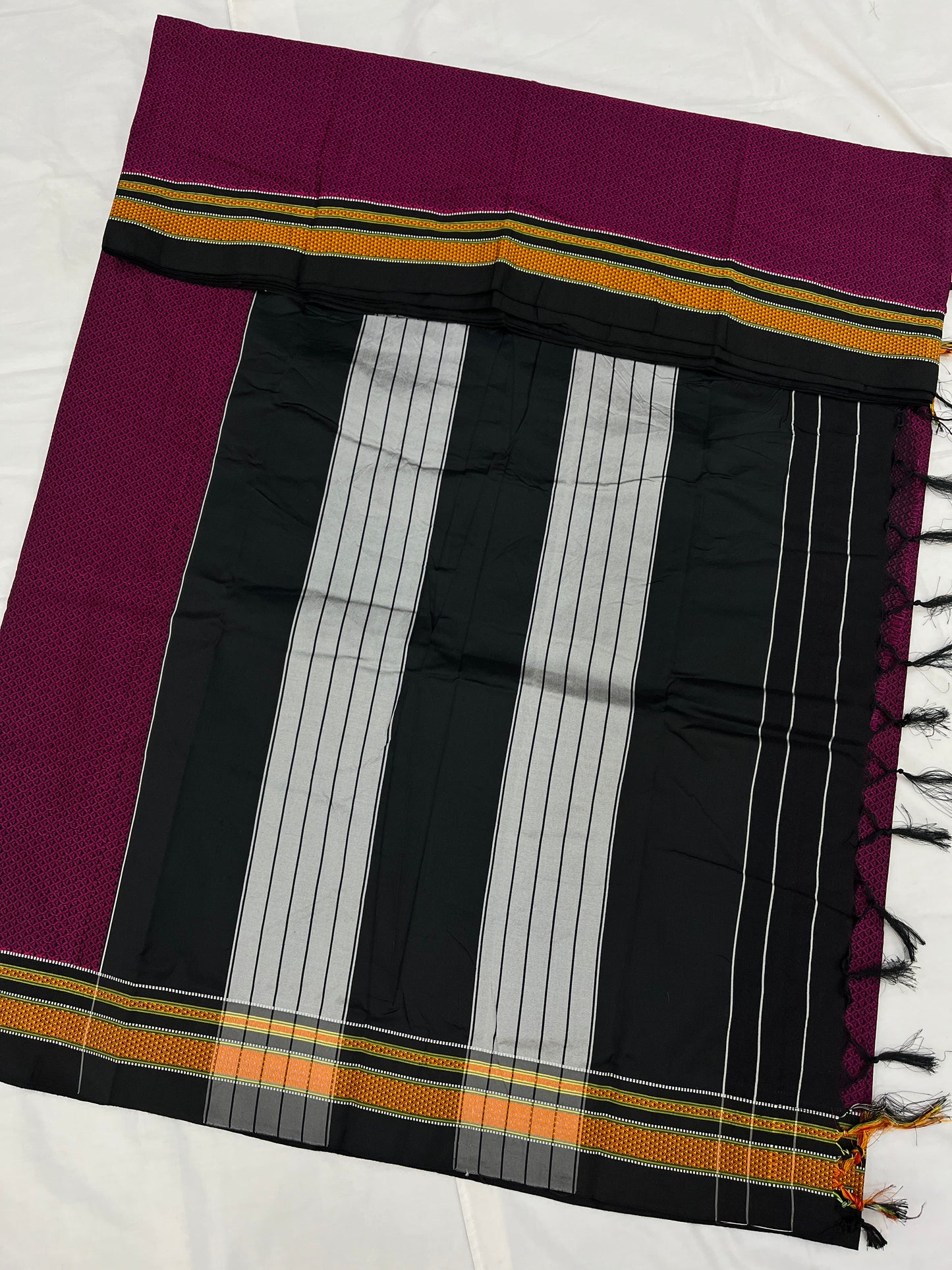 Magenta Black Gold Border Khun Saree