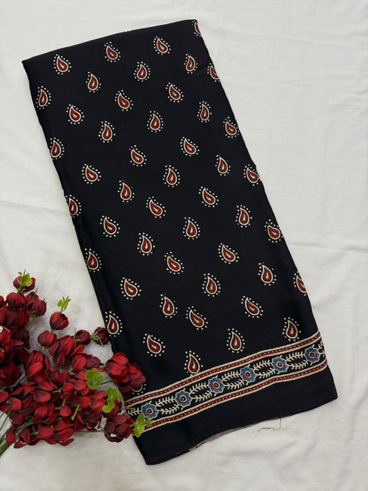 Kaali Kairi Ajrakh Modal Silk Saree